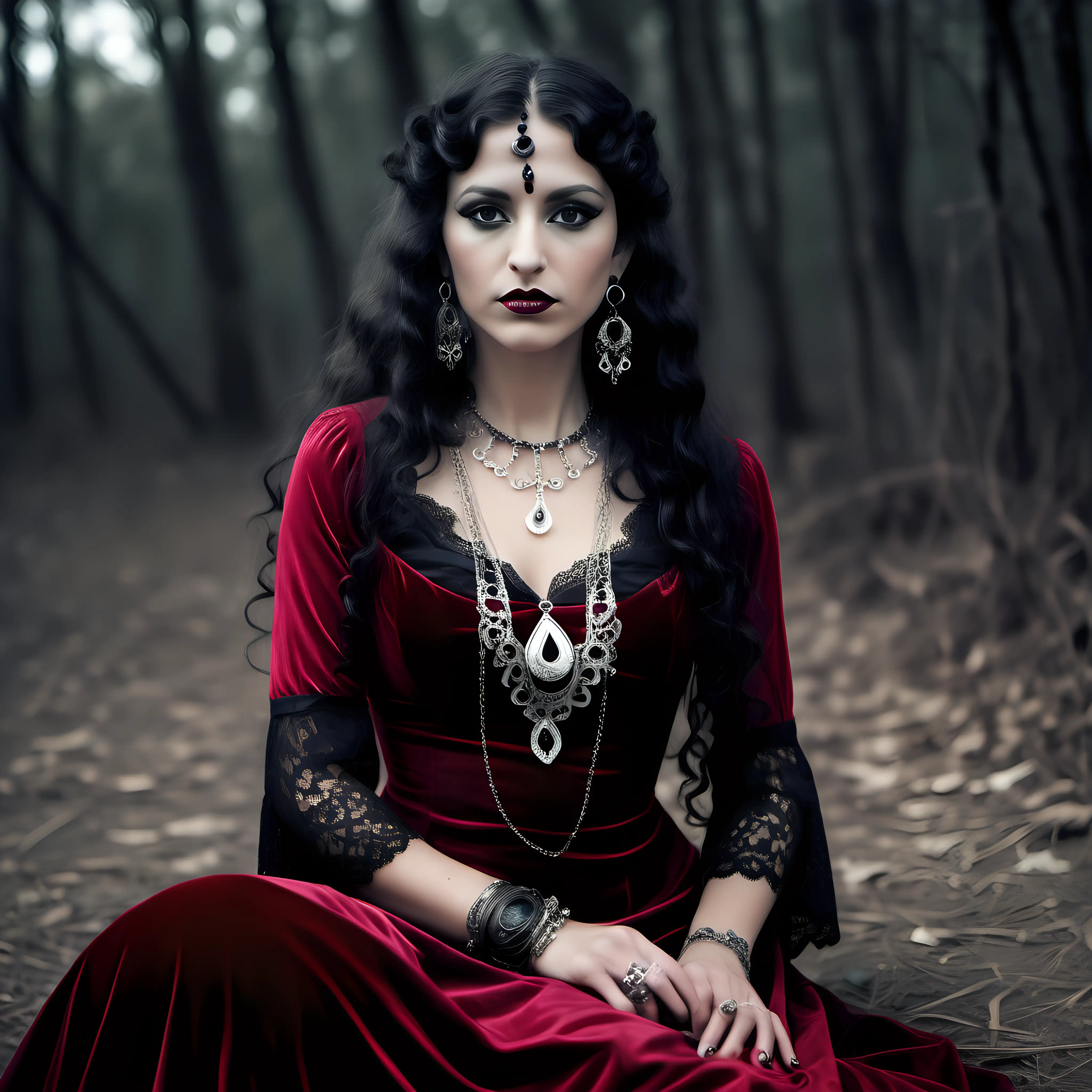 A Spanish gypsy lady with dark long curly  hair, black mascara on her eyelashes & black eyeliner, she is wearing a crimson velvet black lace dress & with  satin inserts & teardrop black jewels all around the hem of the dress , she wears Victorian Era drop earrings & matching black crystal & silver necklace & bracelet. She is reminiscing of her ancestors during her ritual of protection magic. There is a  horseshoe on the ground,  it is midnight & the stars are gathered into the shape of a circle