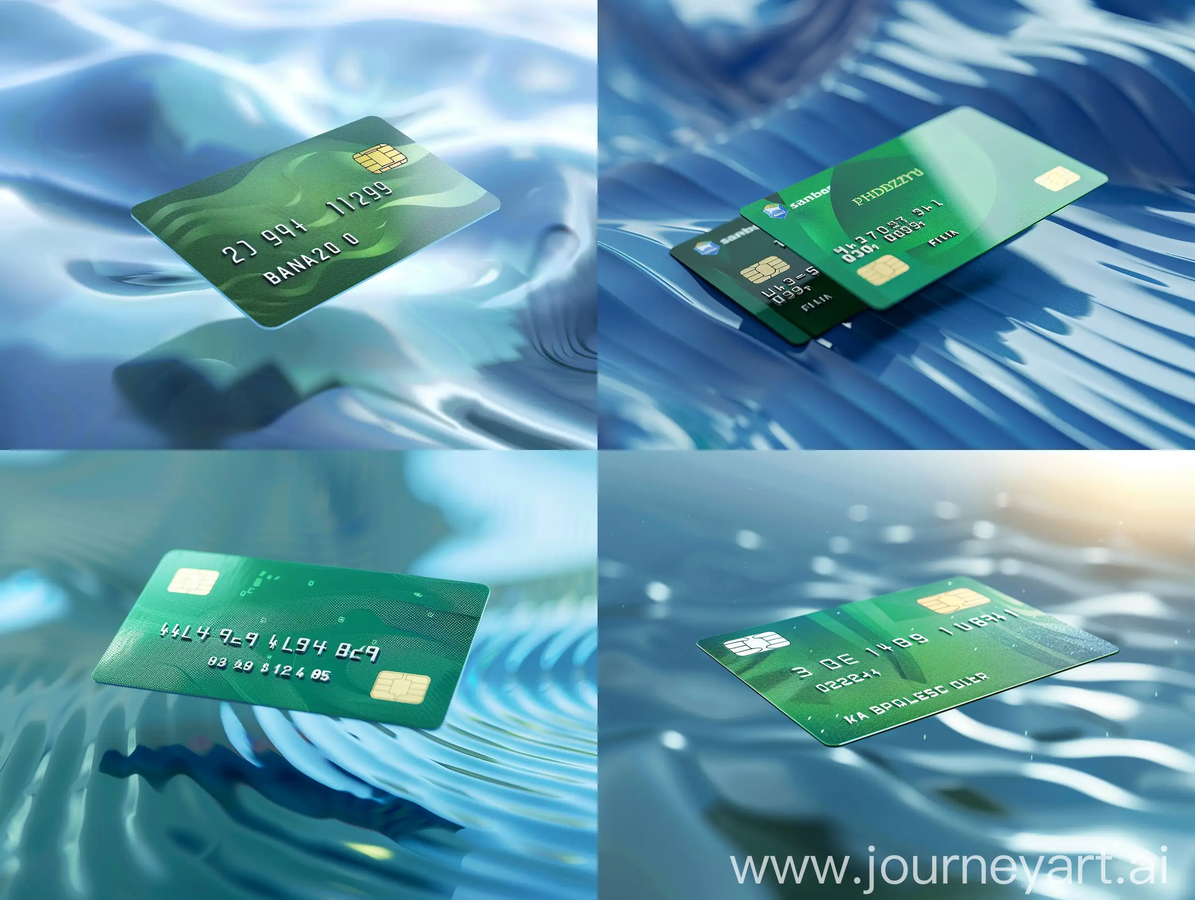 green bank card, in flight, on an abstract blue background, 3D waves on the background