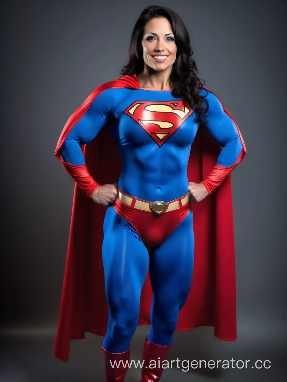 A beautiful woman with dark hair, age 32, She is happy and muscular. She has the physique of a champion bodybuilder. She is wearing a Superman costume with (red leggings), (long red sleeves), blue briefs, blue boots, and a long blue cape. The symbol on her chest has no black outlines. She is posed like a superhero, strong and powerful.