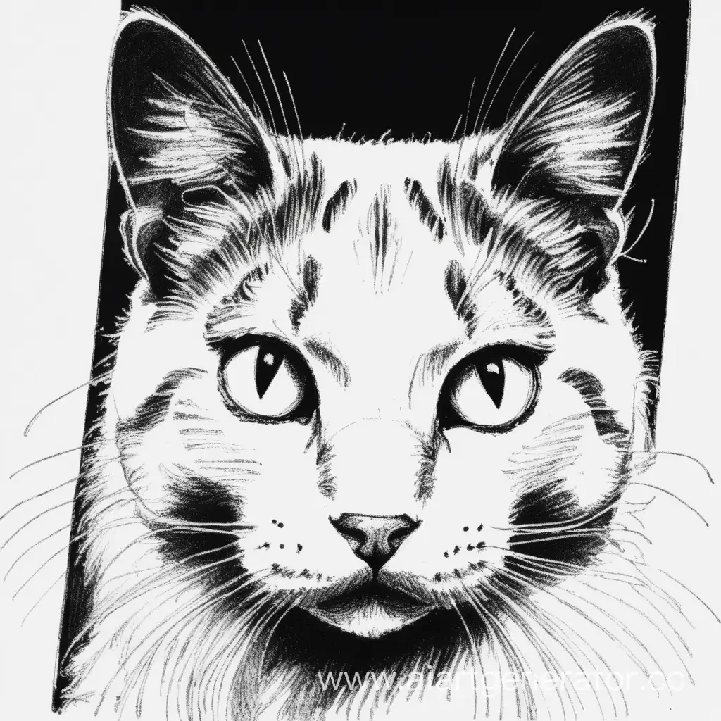 Black and white sketch of a cat with white eyes on a black background