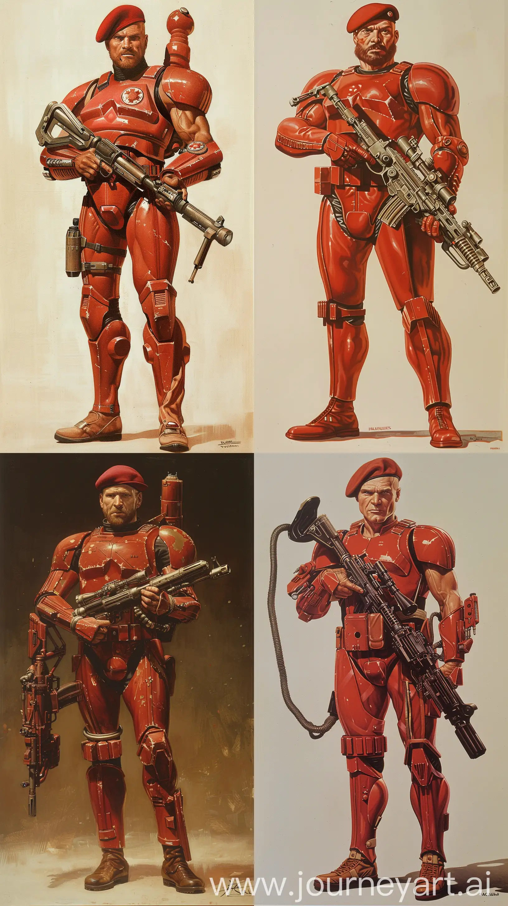 A tall bald man(with a brown beard) wearing a red military beret and wearing a suit of red stormtrooper armor and holding a futuristic metal rifle painted by Ralph McQuarrie. entire body shown. feet shown. strong features. tall frame. retro science fiction art style. --ar 9:16

