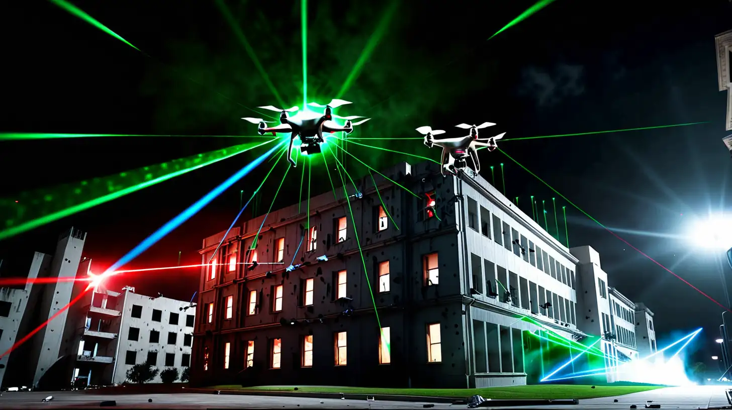 Urban Warfare Drones Assaulting a Skyscraper with Lasers