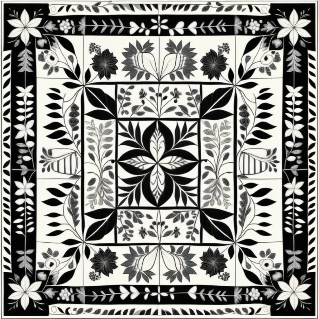 folk art of a quilt pattern in a garden, symmetrical, painting, light colors, muted, 2-D, outline drawing, coloring book, black and white, no grayscale, embroidery sampler style, PRINTED Norwegian Folk Art, Scandinavian Folk Art 