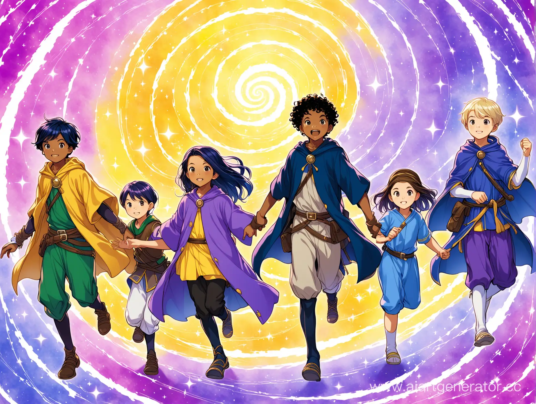 Five 12 year old children are on a quest. There is a wizard and a rogue and a warrior, a mix of boys and girls. There is an asian kid, black kid, and white kid. There are colors of periwinkle, purple, navy, and yellow. There are some swirls and it evokes feeling of inspiration and imagination.