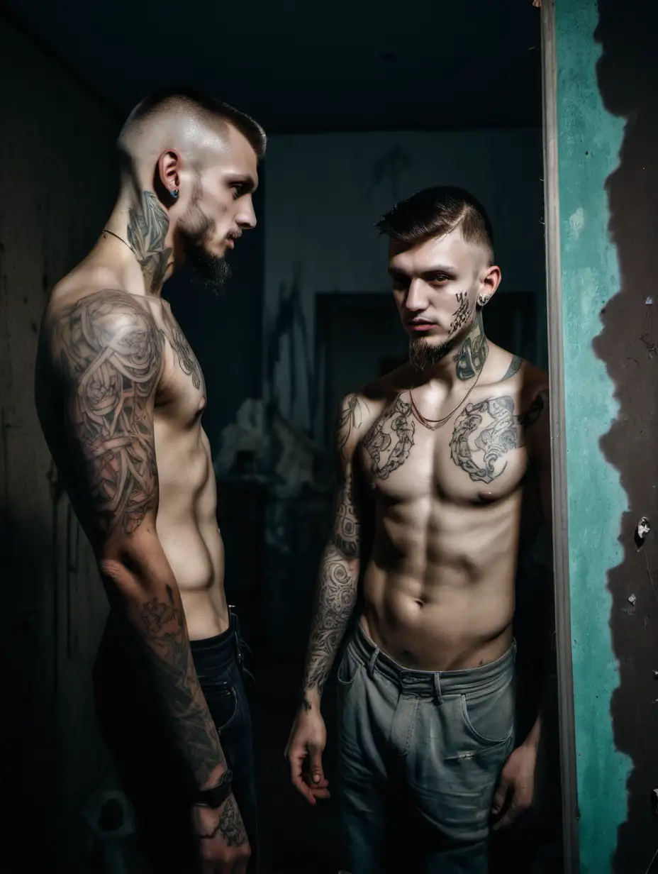 two confident slavic guys with tattoos romantically look at each other in dark dirty abandoned room in front of the mirror