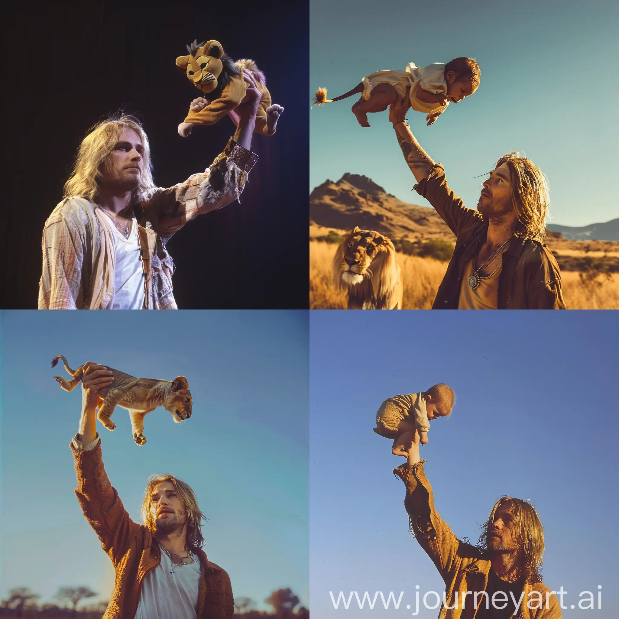 kurt cobain holds a baby high up in the air just like Rafiki in the lion king