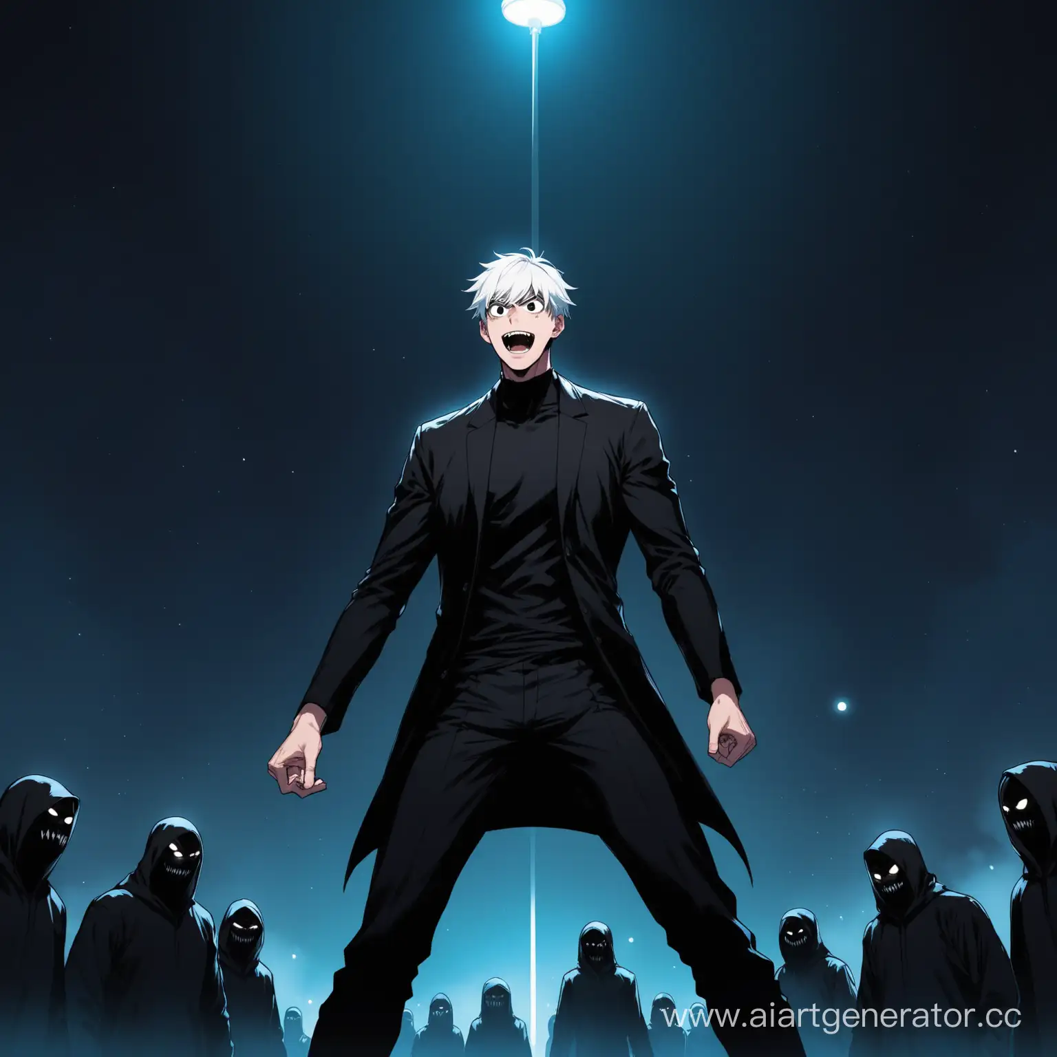 A very tall guy, short white hair, black eyes, he's dressed in black clothes, he looks very excited, he looks dangerous, night