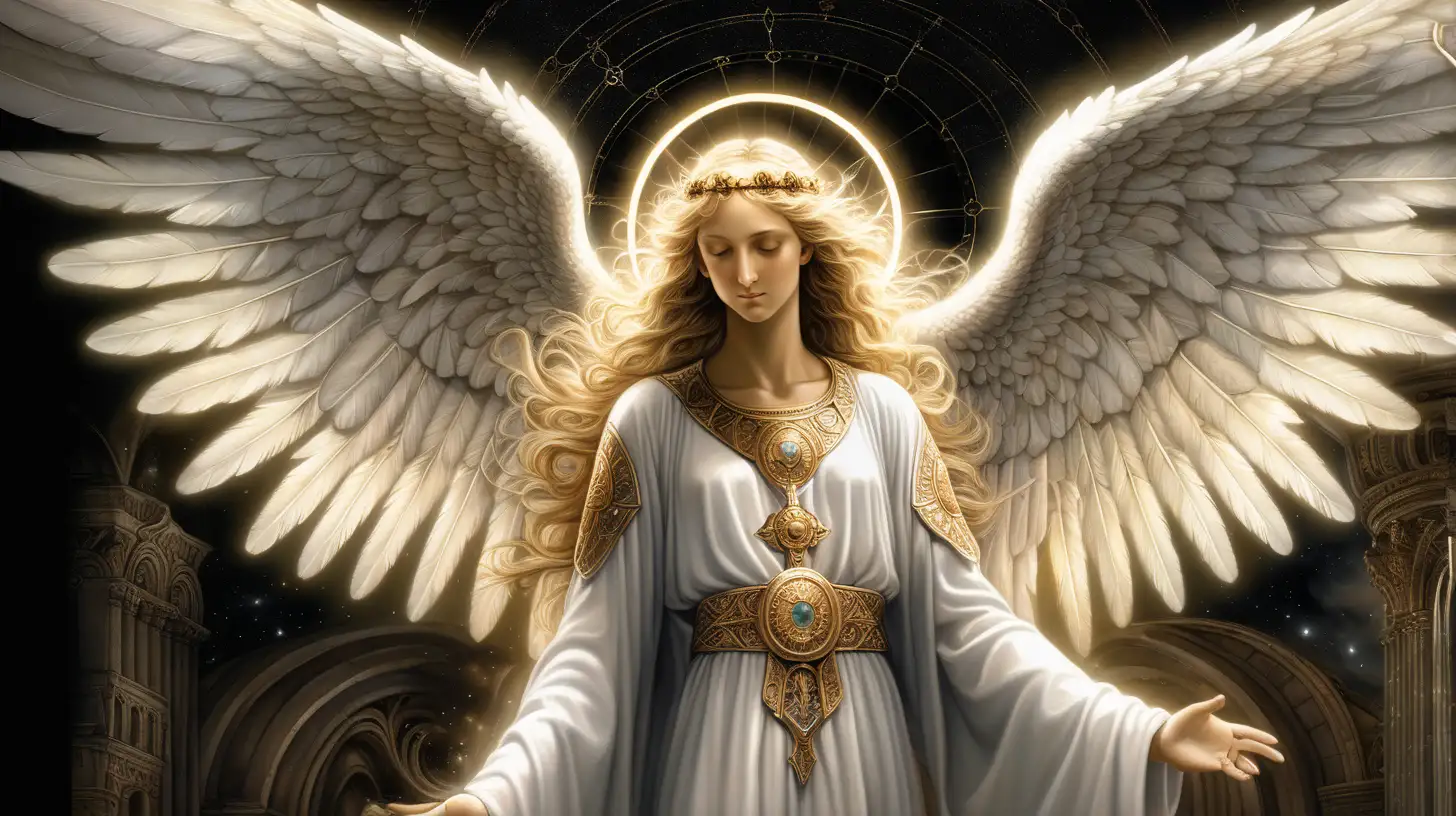 Create an image of the most powerful angel in the Bible, depicted with immense, awe-inspiring wings that radiate a celestial light. The angel should have an ethereal, transcendent appearance, with eyes that glow with divine wisdom and a presence that exudes both comfort and authority. Set against a dark, cosmic background that suggests the vast mysteries of the divine realm, the angel should be illuminated by a soft, otherworldly light that highlights intricate, symbolic details in their armor or robes. The overall atmosphere should be one of sublime power and profound spiritual depth.