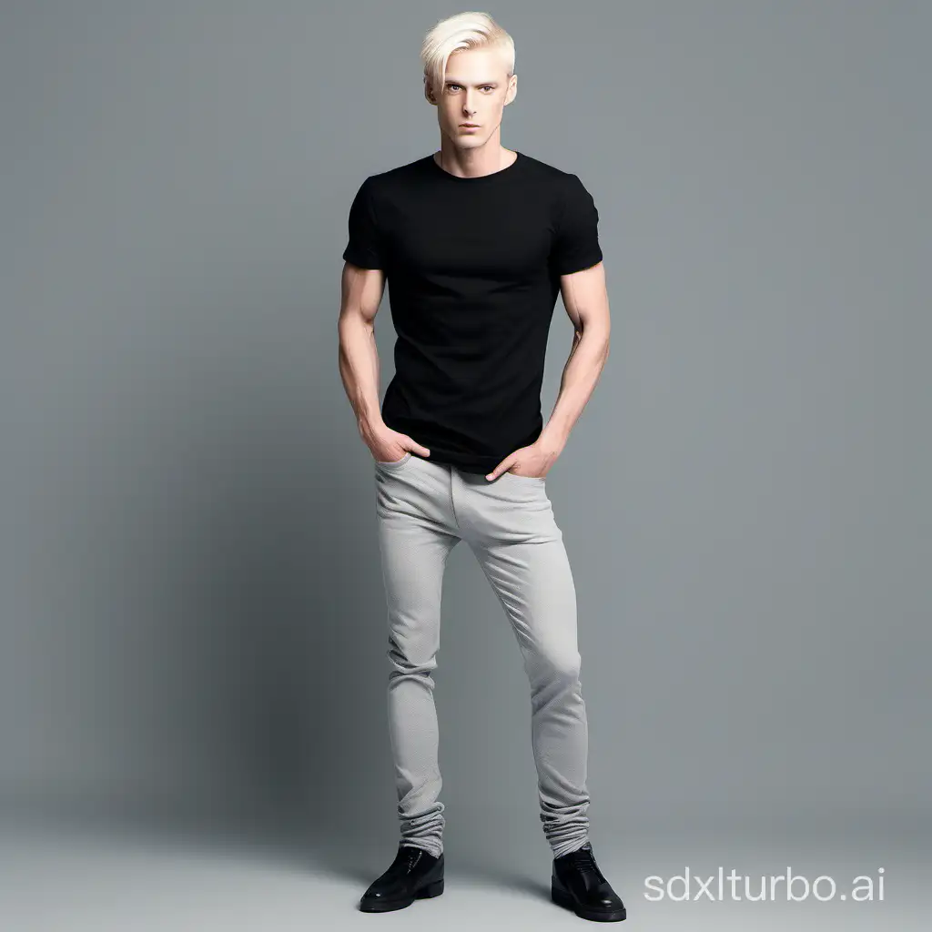White blonde skinny male model standing full body view with black t-shirt with high neck with grey background