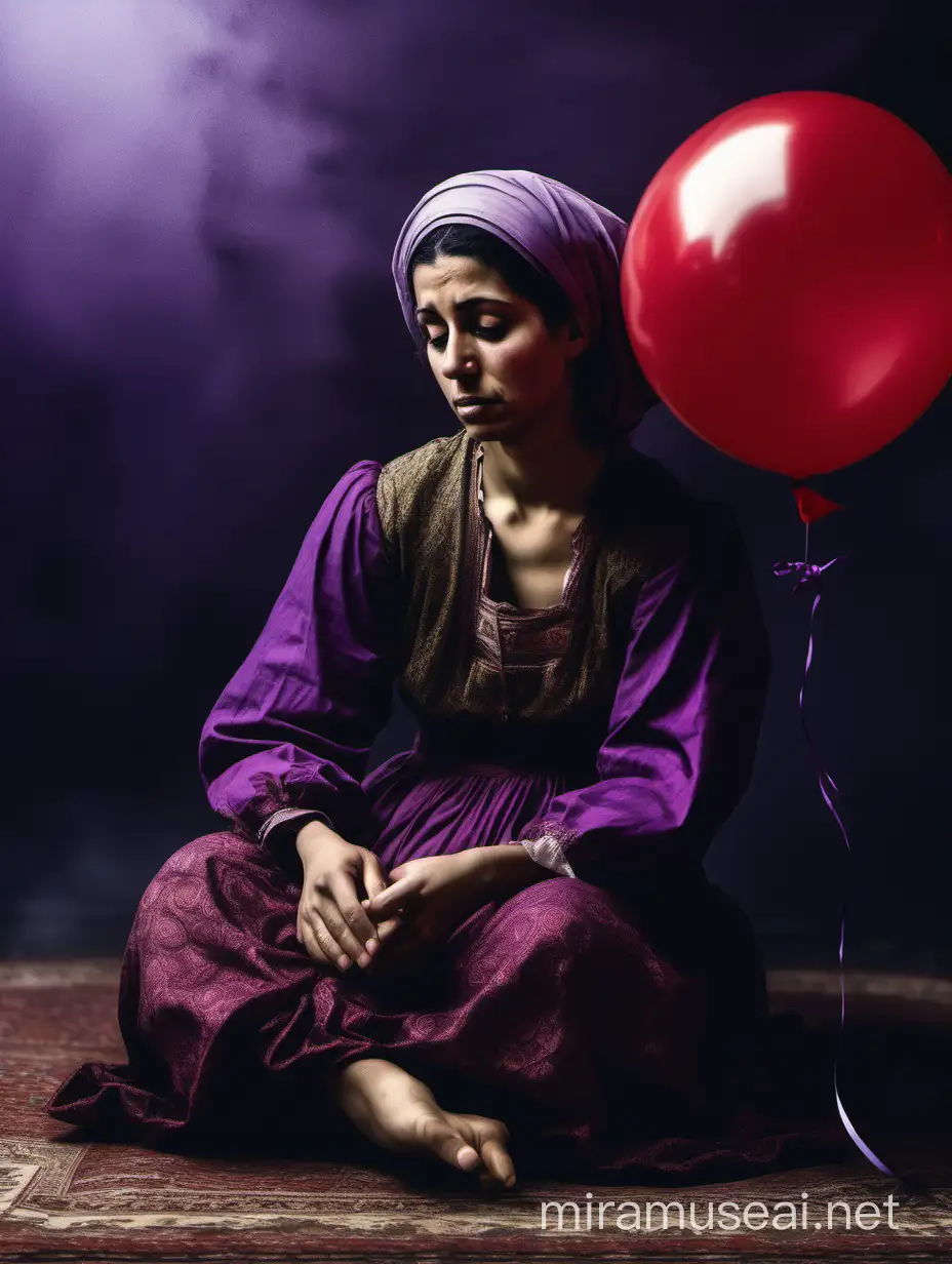 Solitary Woman in Purple Dress with Red Balloon Rembrandt Style Eid alFitr Depiction