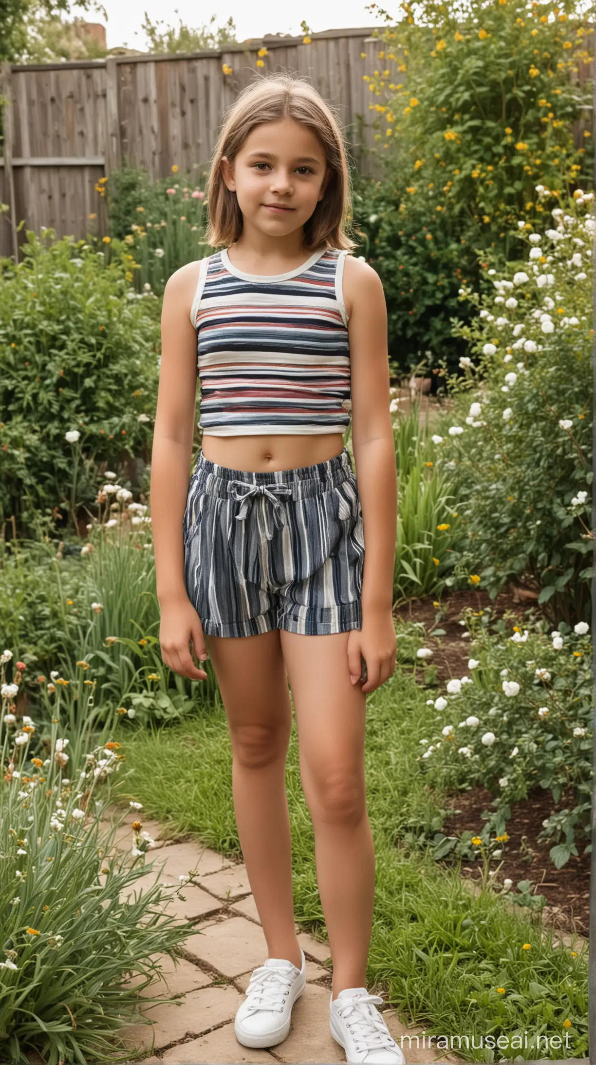 Stylish 12YearOld Girl in Striped Crop Top and Shorts Exploring Garden