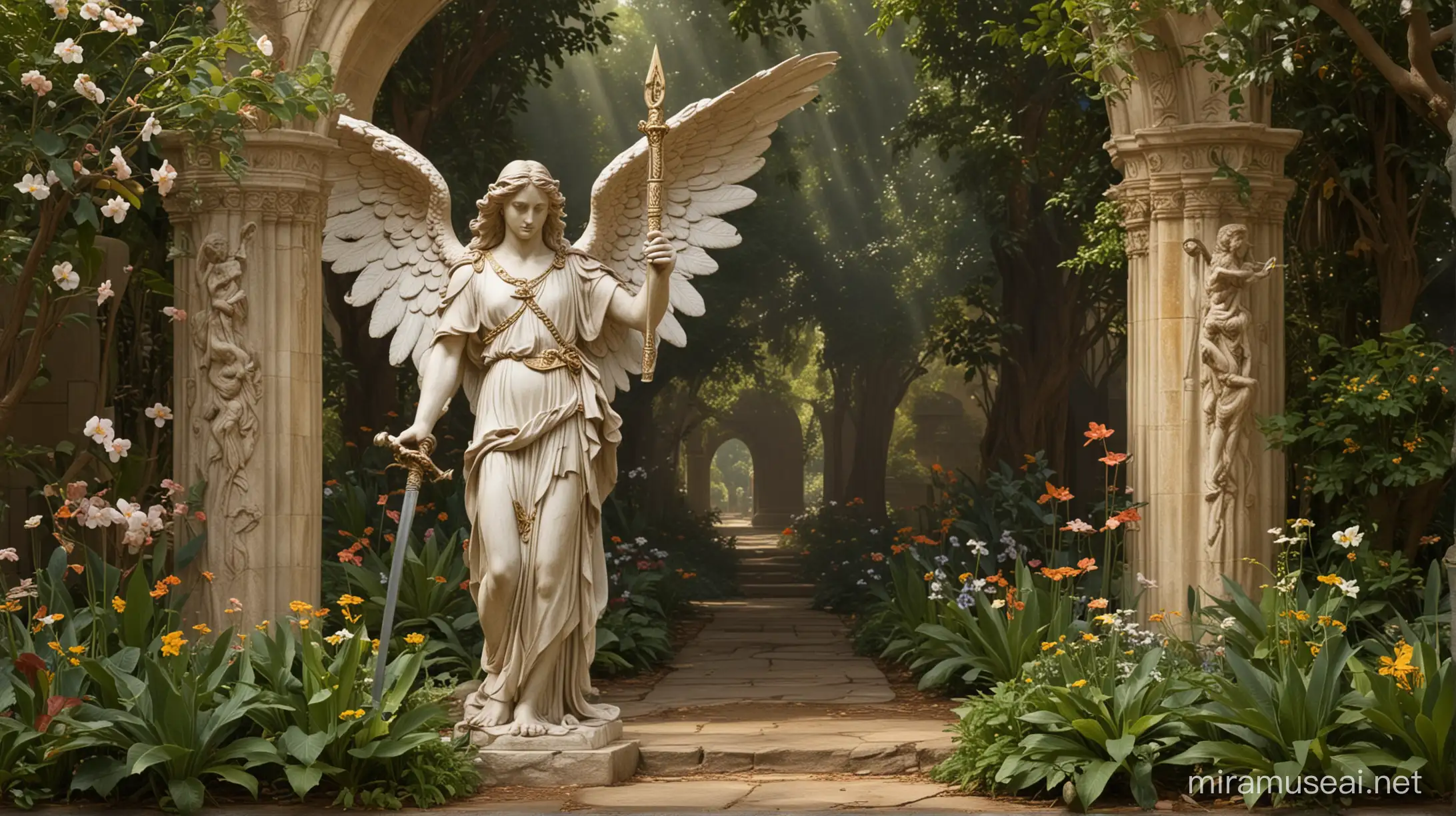 a angel guarding the entrance of the Garden of Eden with his sword drawn