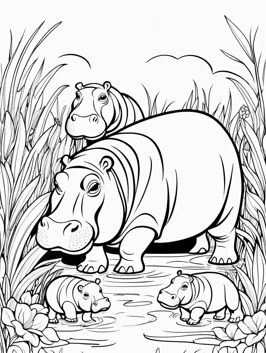 Adorable Coloring Page Mother and Baby Hippopotamus