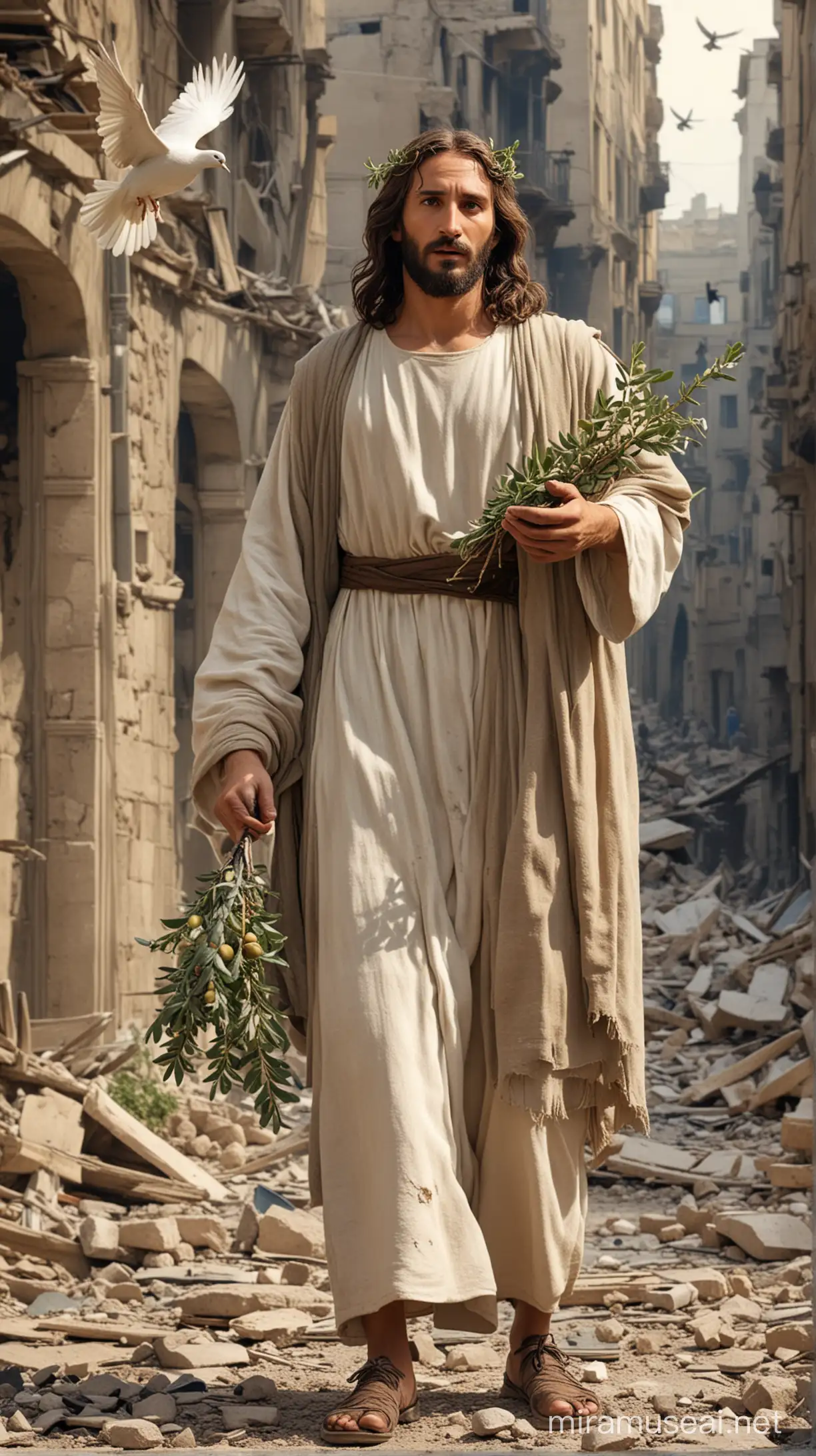 Gesù con in mano una colomba e un ramoscello di olivo, una città distrutta dalle bombe che cadono, aerei che volano