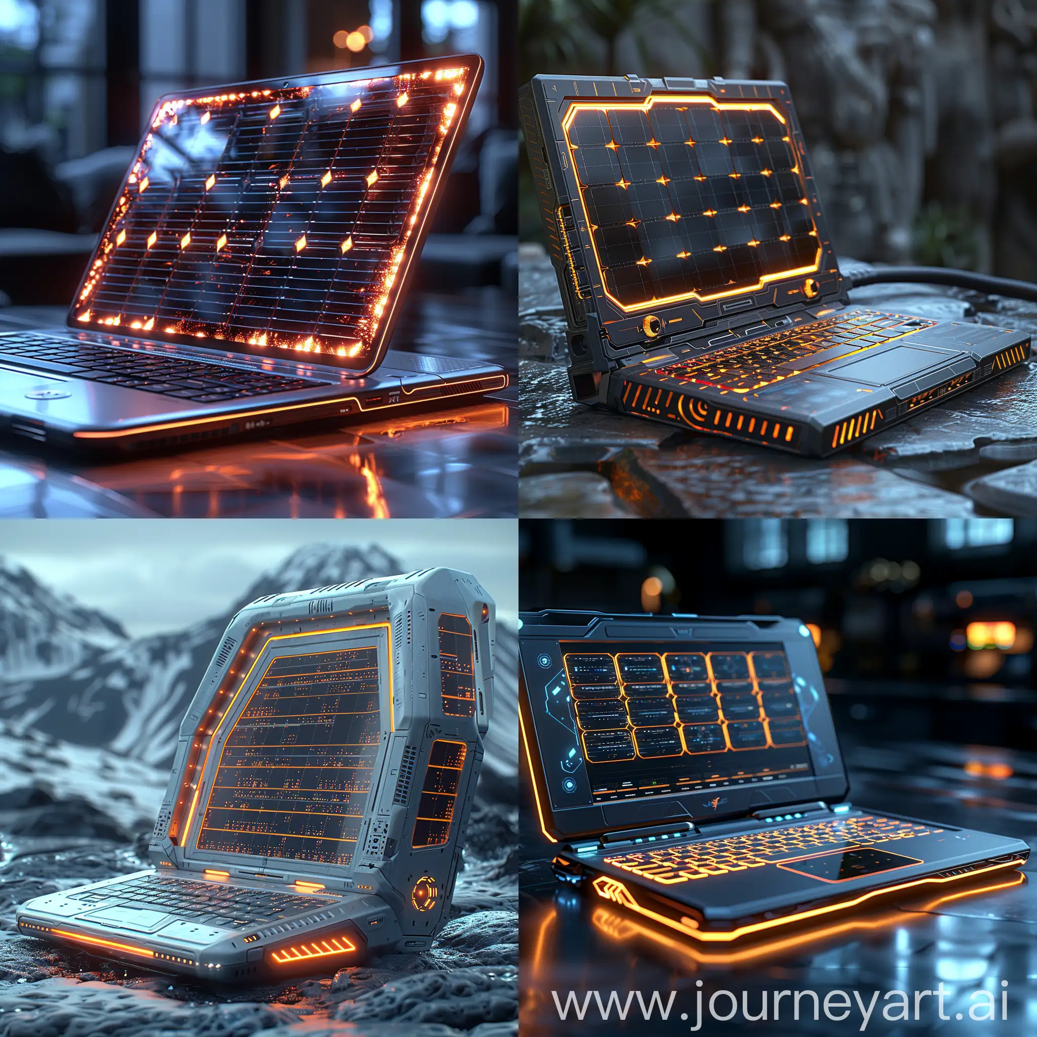 Futuristic laptop, high tech, renewable energy, solar panels, octane render --stylize 1000