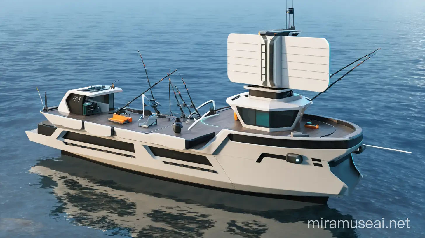 Premium Futuristic Fisherman Boat with Detailed Equipment in a Dynamic Sea Scene