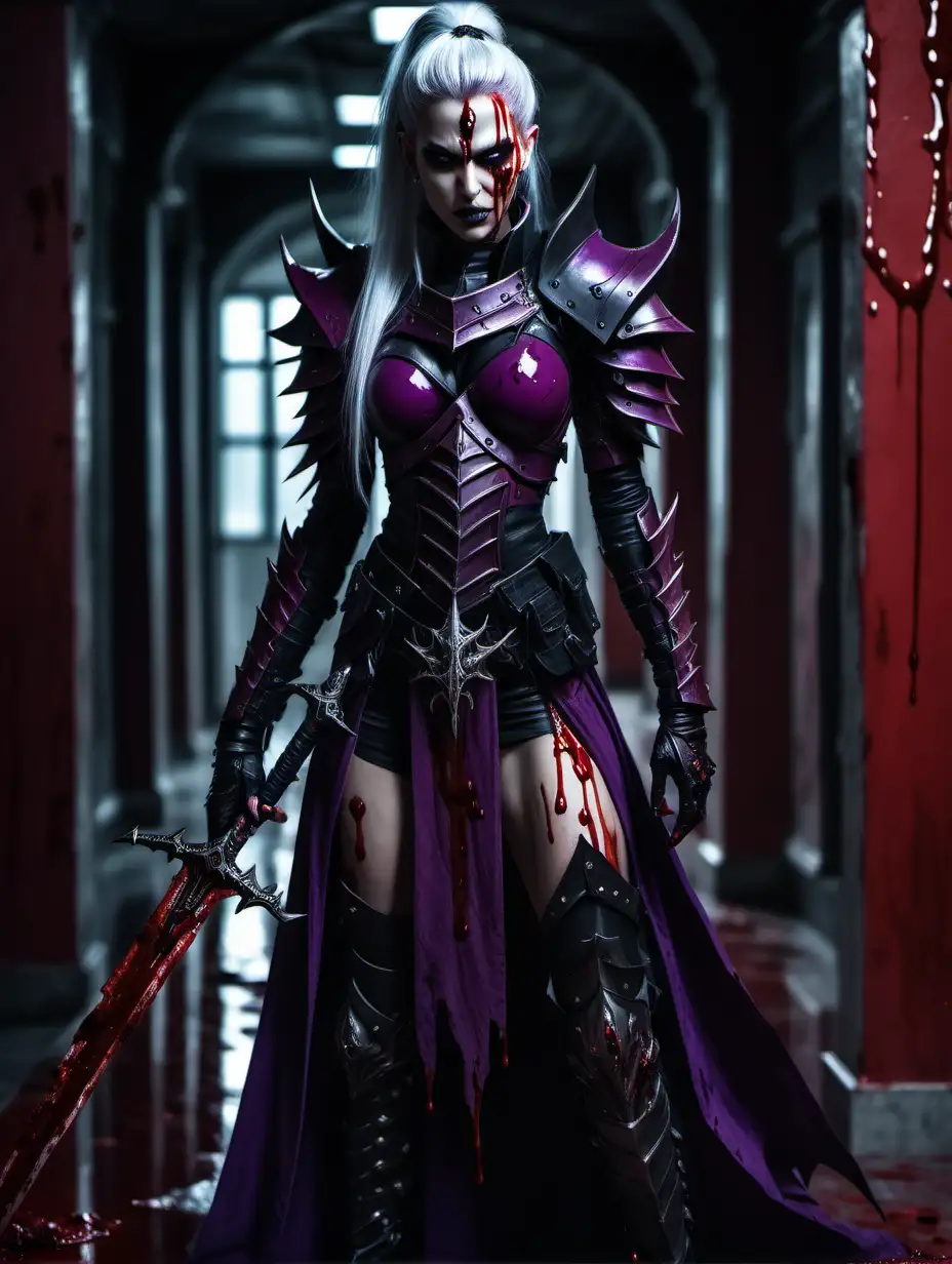 Portrait of drukhari female holding one elegant sword dripping with blood.
Wears elegant heavy black and purple armor. Dark eyes. White hair.
Standing in an relaxed pose. intense look on face.
Bloodred corridor in background of image.