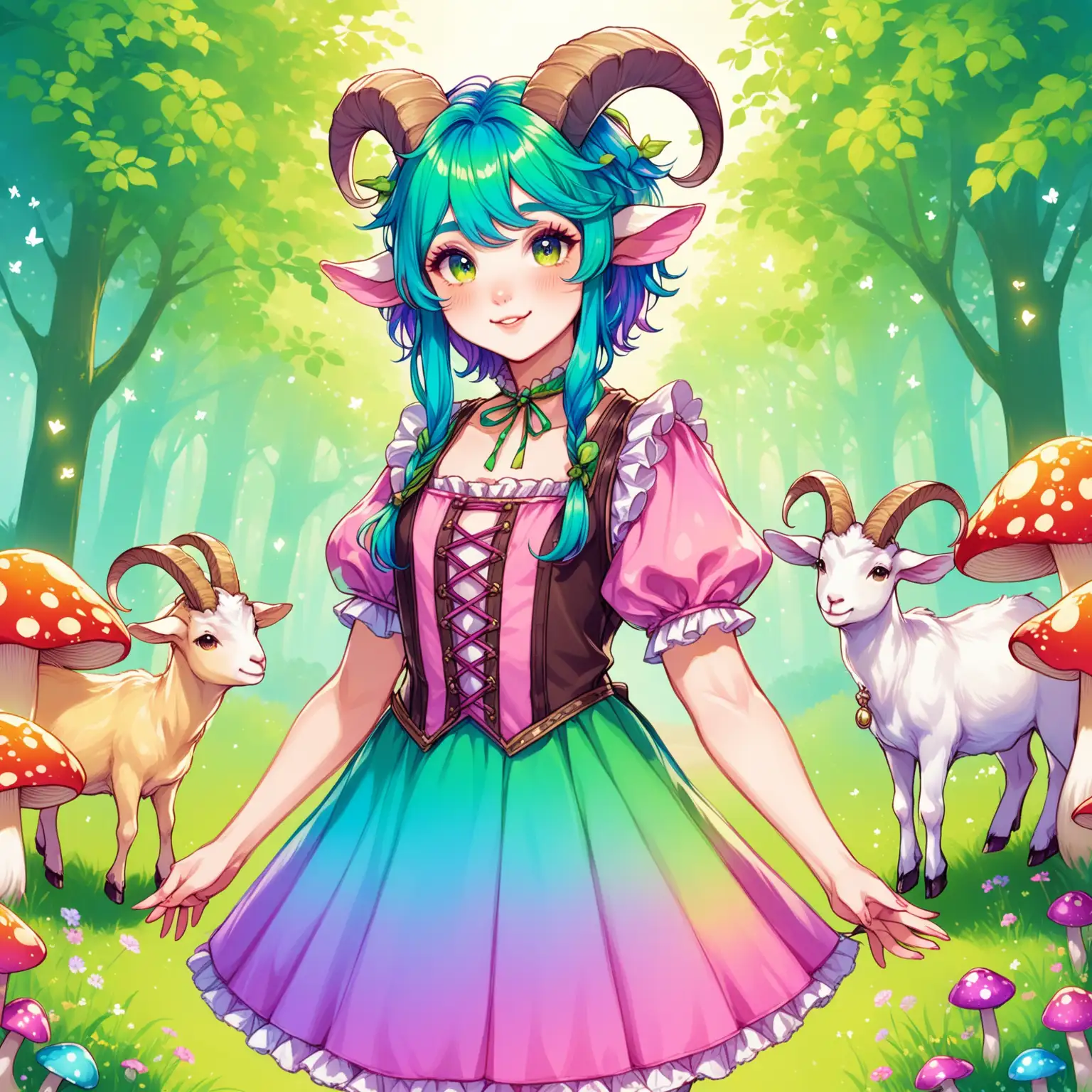 A non-binary transfem with short goat horns and goat ears named Mycha Erin SHarp. THey love mushrooms and renfaire outfits and all the cute things. their favorite colors are yellow blue green and pink