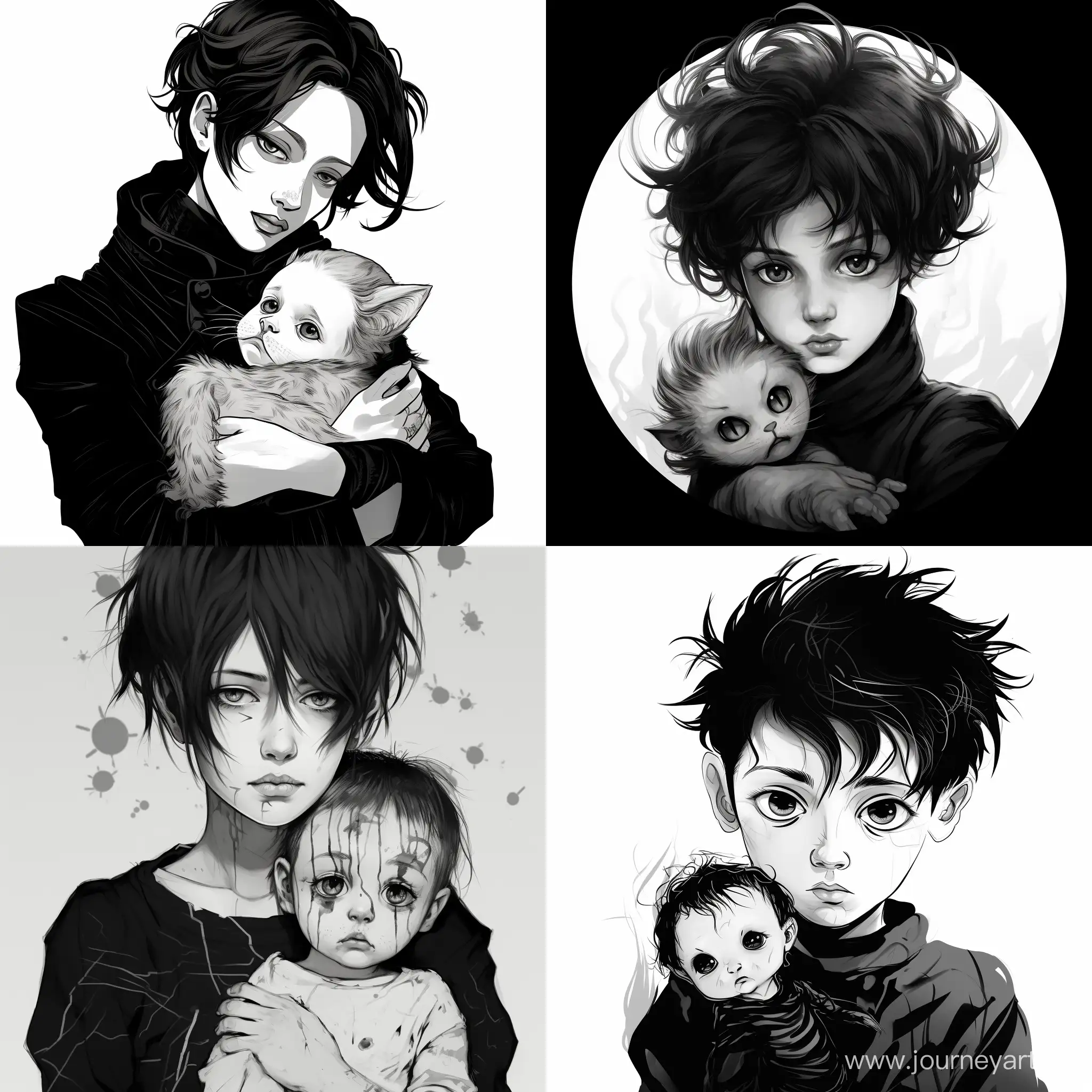 Draw an image in the style of a black and white manga on the theme of a mother holding a newborn red-eyed boy