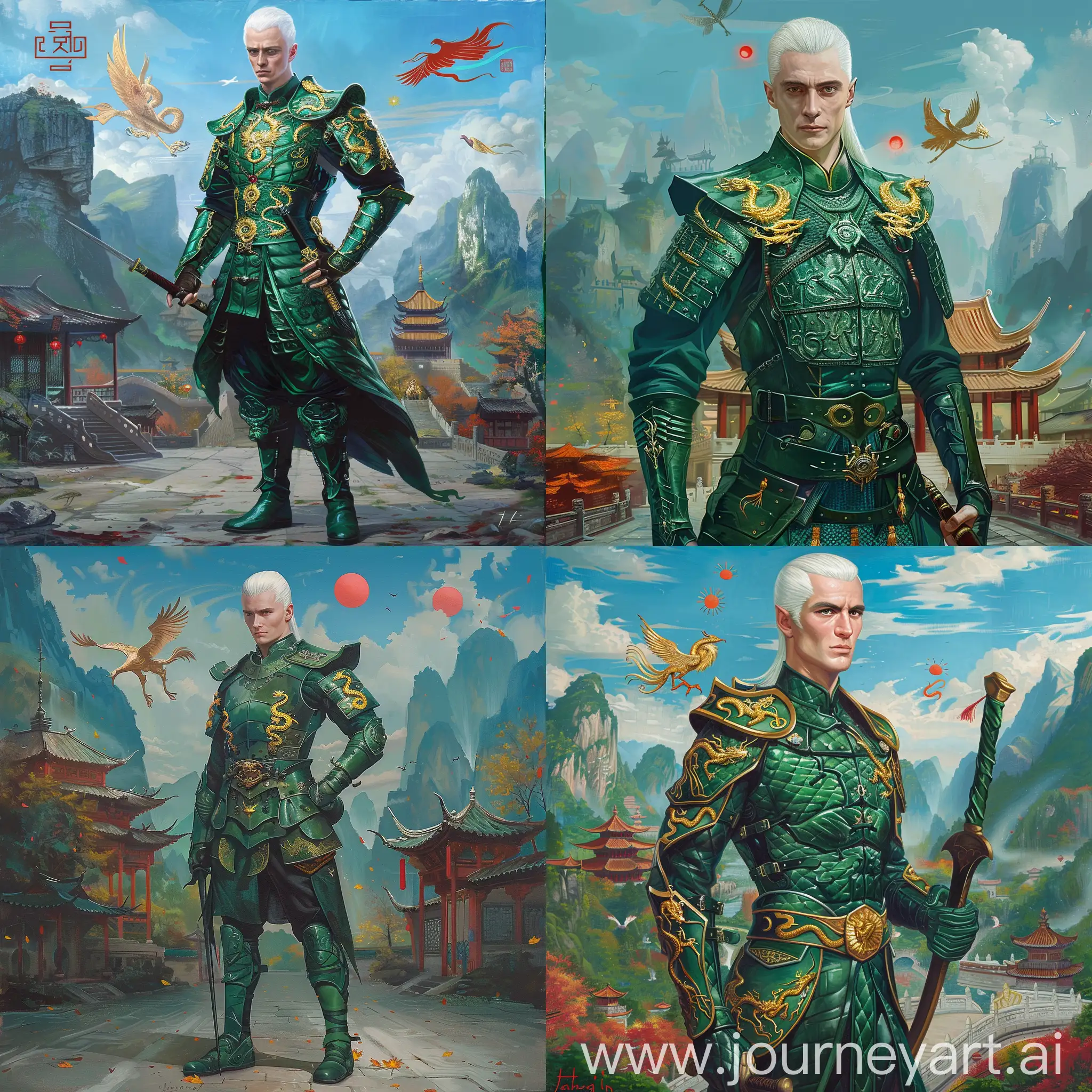 Historic painting style:

an handsome and Drago Malefoy, with white slicked back hairstyle, from the Harry Potter movie,

he wears deep green and light green color Chinese style medieval armor,

he also wears deep green color boots on his feet,

golden serpent emblems on her armor,
he holds a Chinese sword in right hand, 

Chinese Guilin mountains and temple as background, small phoenix and three small red suns in blue sky.