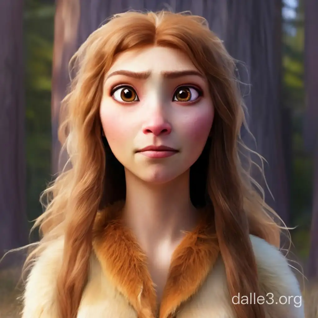 Draw this :  "Ellie from Ice Age as a Real-Life Woman" Description: Create a photorealistic image of Ellie, the cartoon character from the Ice Age animation, transformed into a real-life woman. Ellie should be depicted with realistic human facial features, expressions, and proportions. Emphasize her mammoth-like characteristics by incorporating subtle elements such as thick eyebrows, a prominent forehead, and a warm, friendly smile. Pay attention to details such as skin texture, hair, and realistic lighting to enhance the lifelike quality of the image. Type of Image: Photorealistic portrait Art Styles: Realism, Character transformation Art Inspirations: Ice Age animation, Real-life portraits Camera: Close-up shot Lens: 85mm lens Render Related Information: High-resolution image (4K or higher), detailed lighting to bring out the realistic features, soft and warm natural lighting, focus on capturing the character's