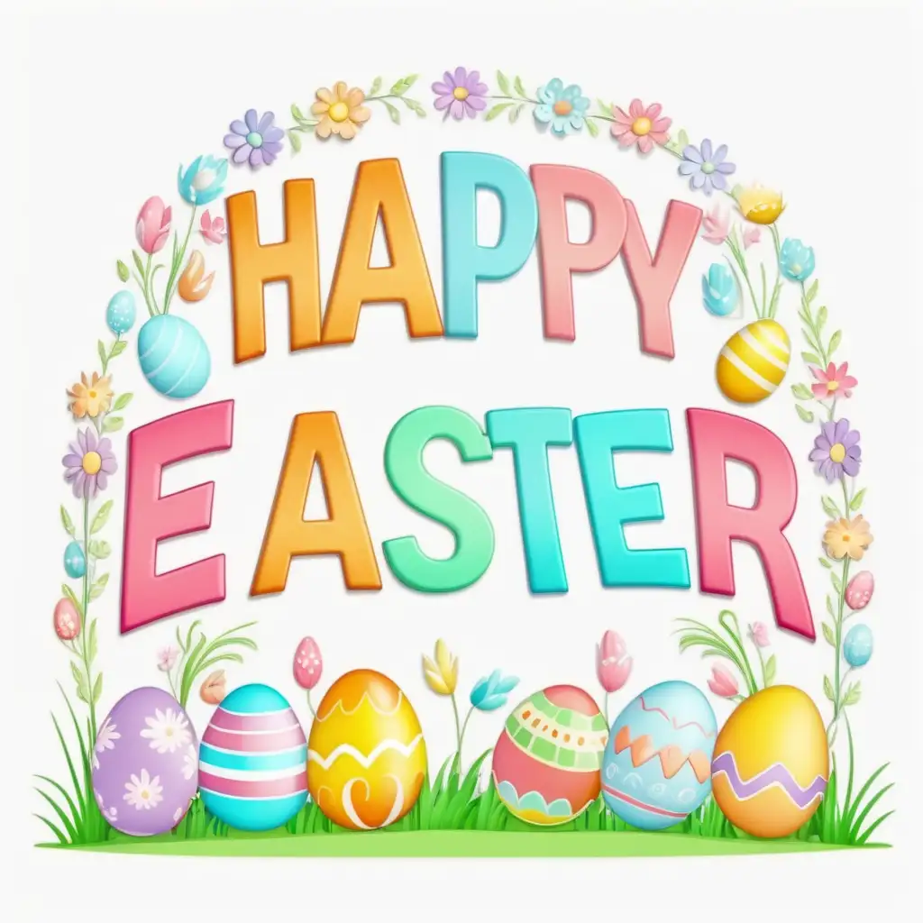 Generate the words Happy easter in arched Pastel letters,cartoon, white background 