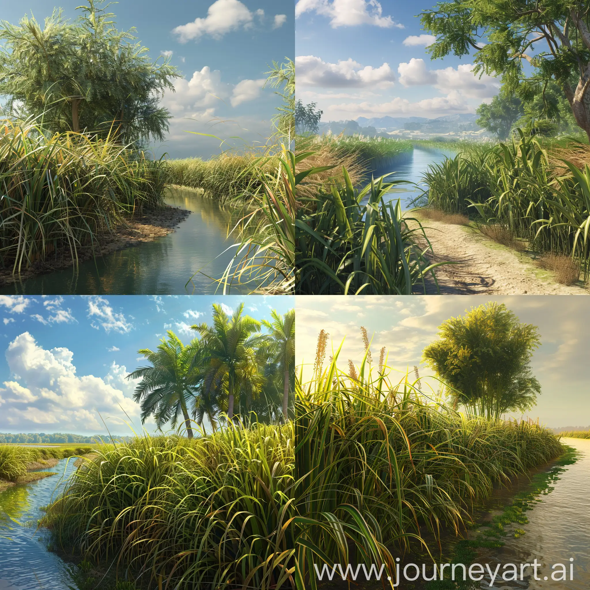 Beautiful sugar cane farm, beside river, warm day, photorealistic
