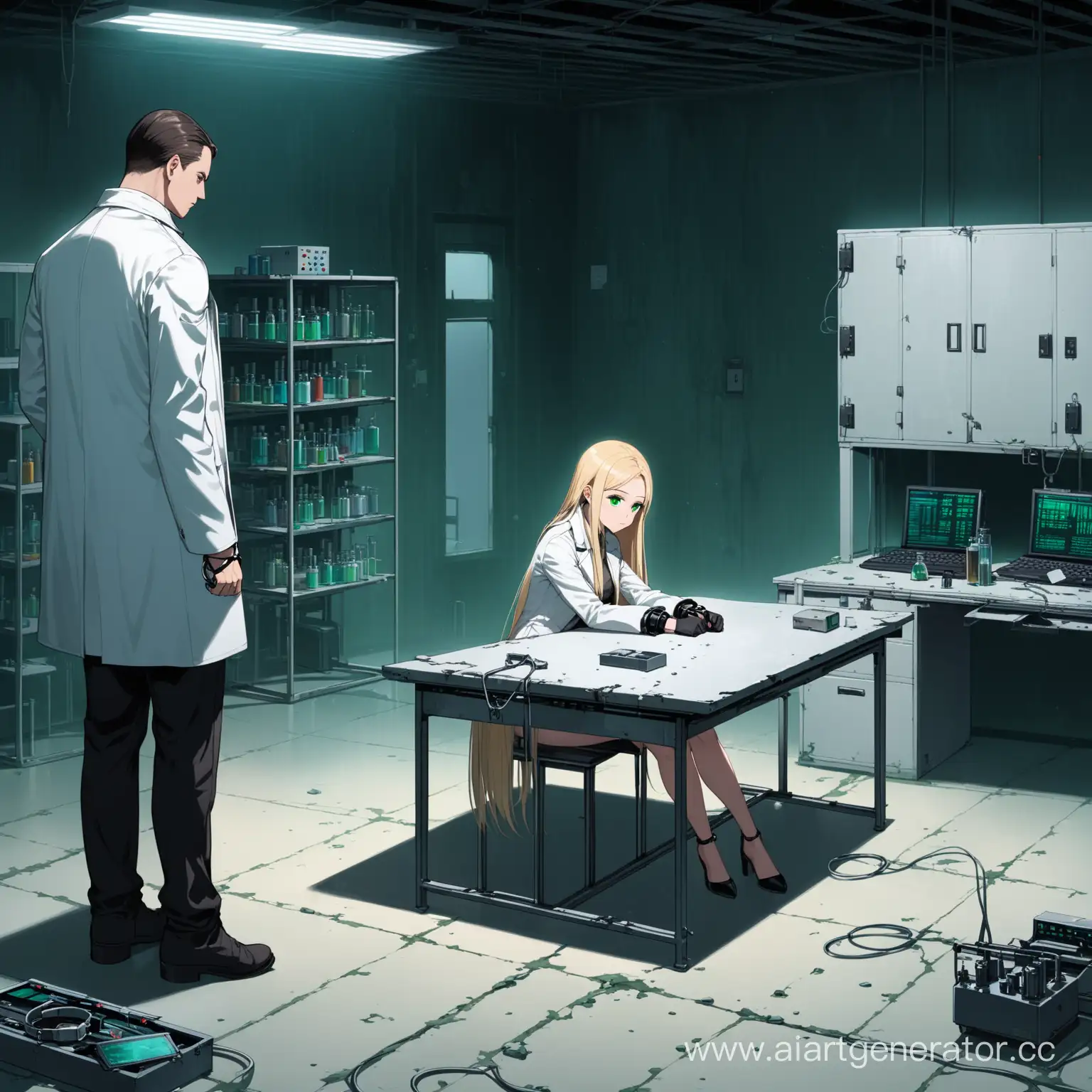 Low girl, long blonde straight hair, green eyes, She is wearing a short dress, She is in an abandoned laboratory for experiments, she is sitting on the floor near high desktop, her hands are handcuffed, and a tall man in a white coat is sitting at the table and experimenting