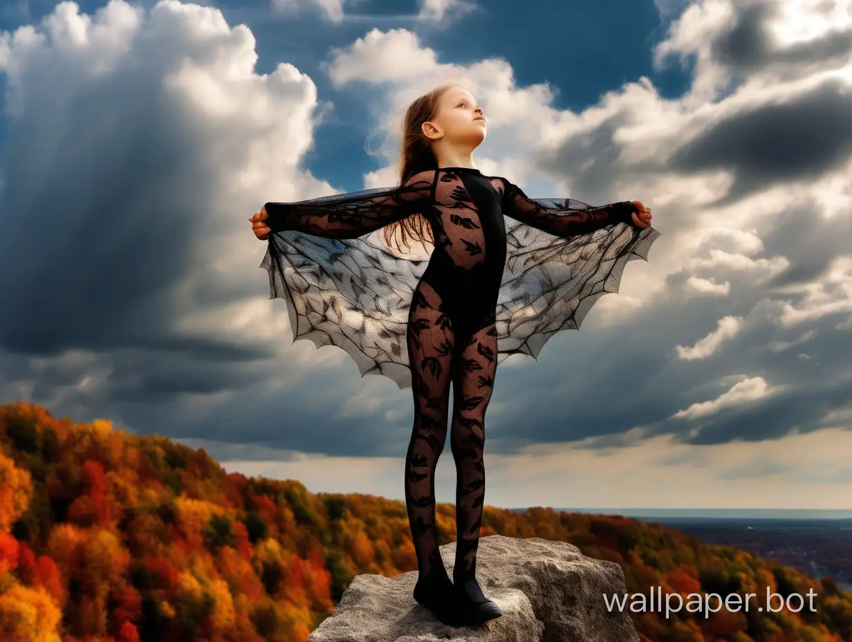 11-year-old girl in a bodystocking stands on a cliff under the sky with clouds under the wind carrying autumn leaves