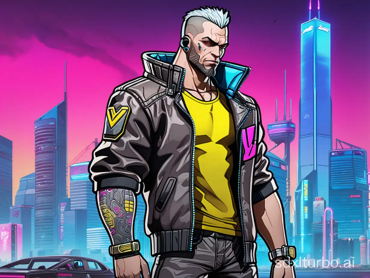 the character "V" from the game Cyberpunk 2077 drawn as a cartoon standing in front of the city skyline