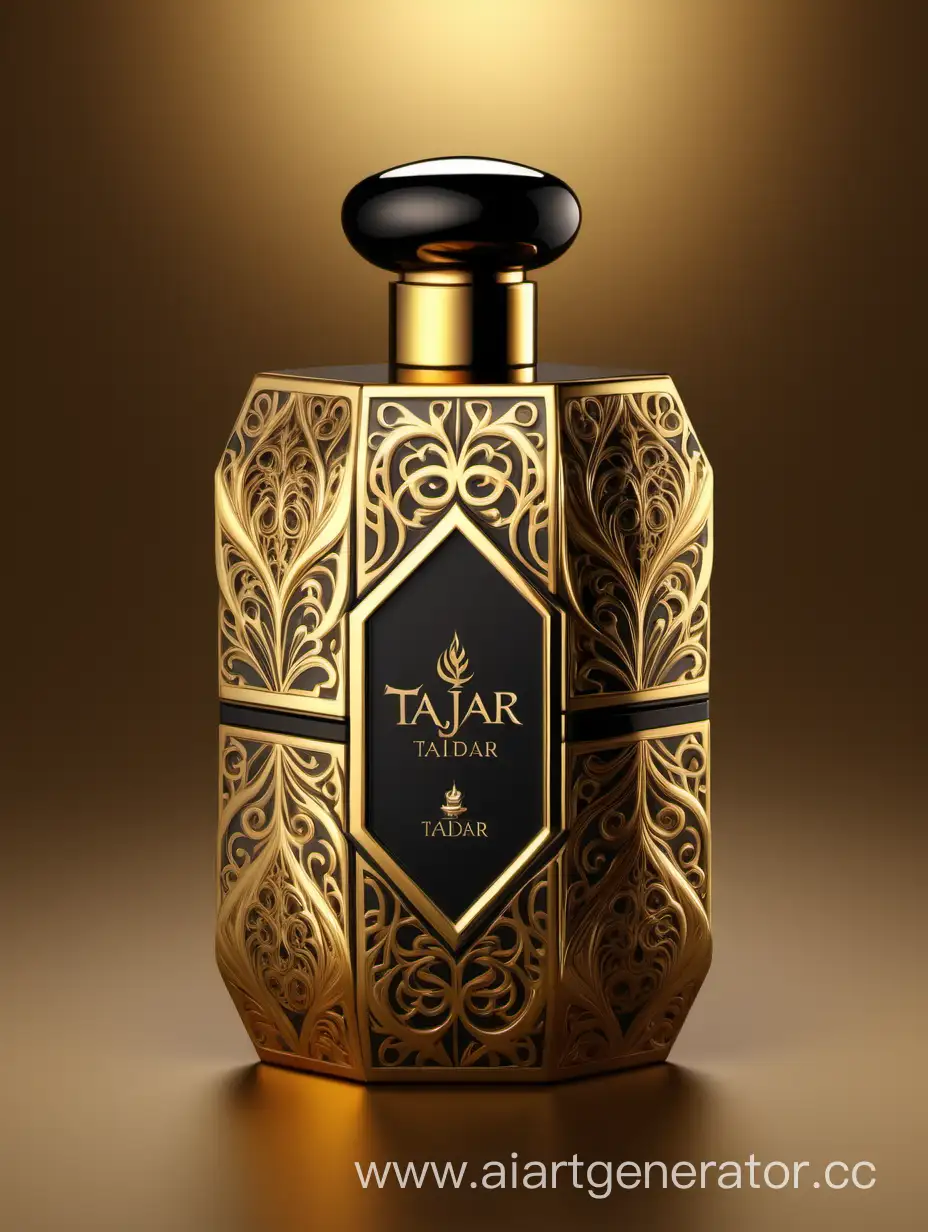 Box package design of perfume TAJDAR product, elegant, trending on artstation,   sharp focus,   studio photo,   intricate details,   highly detailed,   gold, Royal black and beige color on gold background