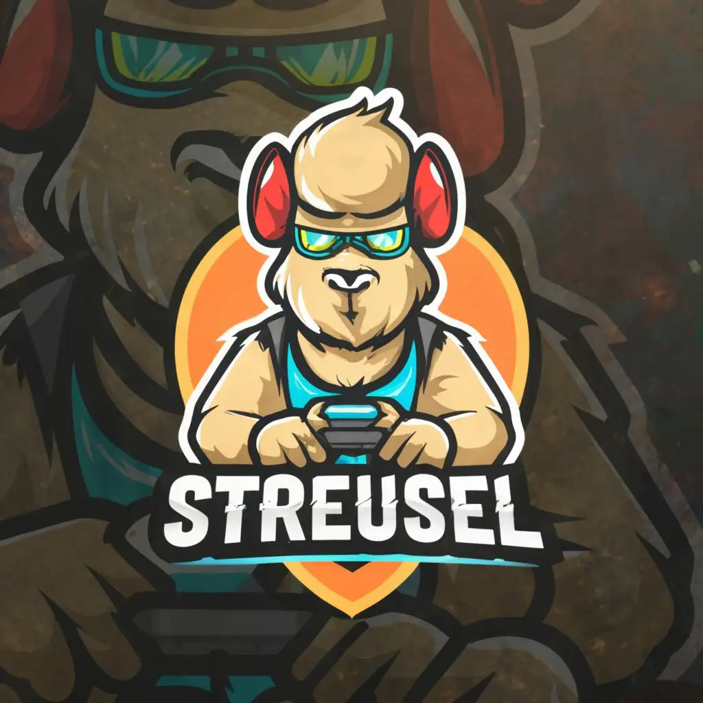 a logo design,with the text "Streusel", main symbol:a logo design, with a lama using a controller and a headset, with the exact text "Streusel", team logo, complex,Moderate,clear background