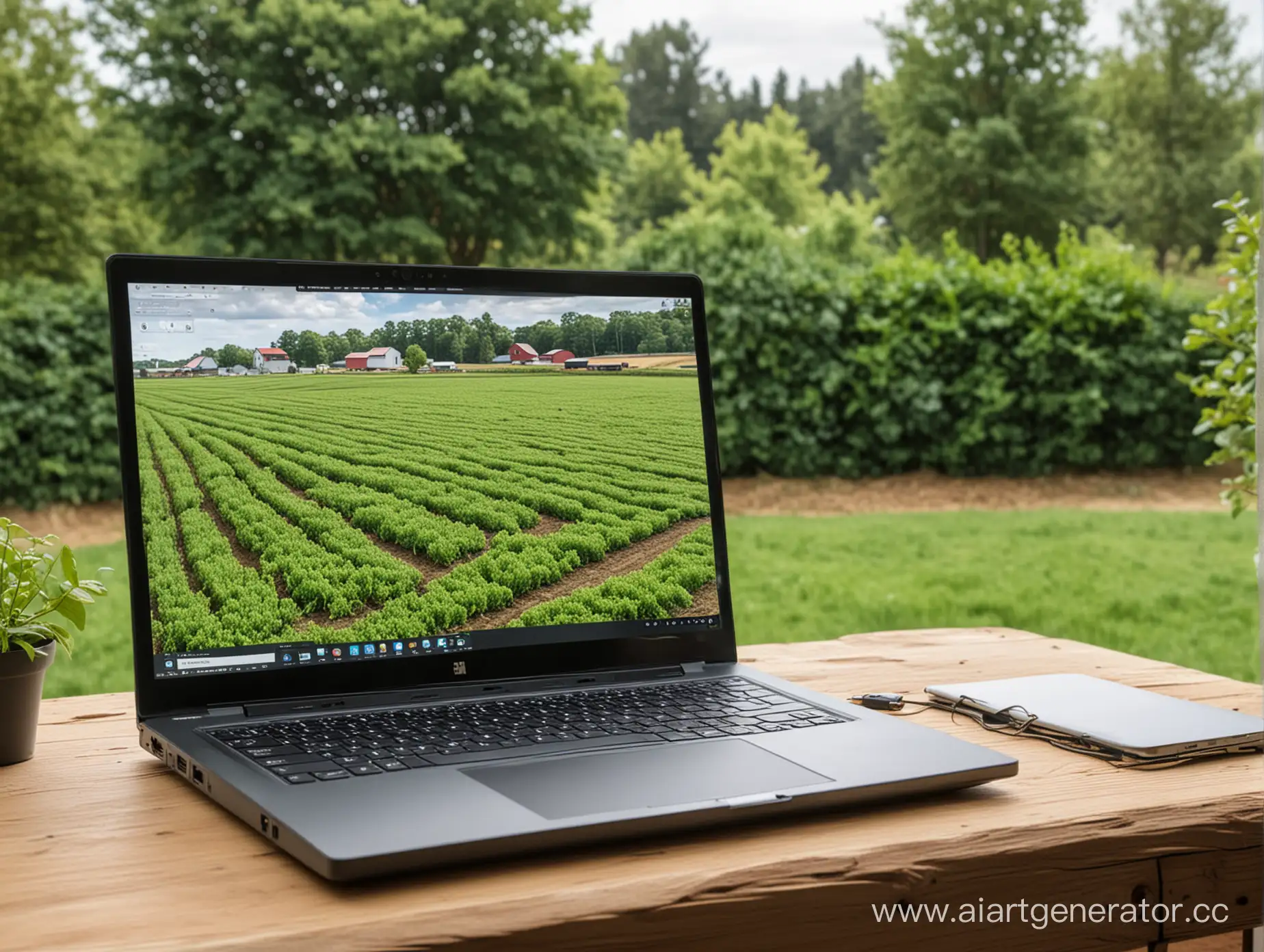 Ноутбук, на котором открыта программа для моделирования сельскохозяйственных и фермерских угодий. Рядом с ноутбуком расположено окно, открывающее вид на двор, полный зелени.