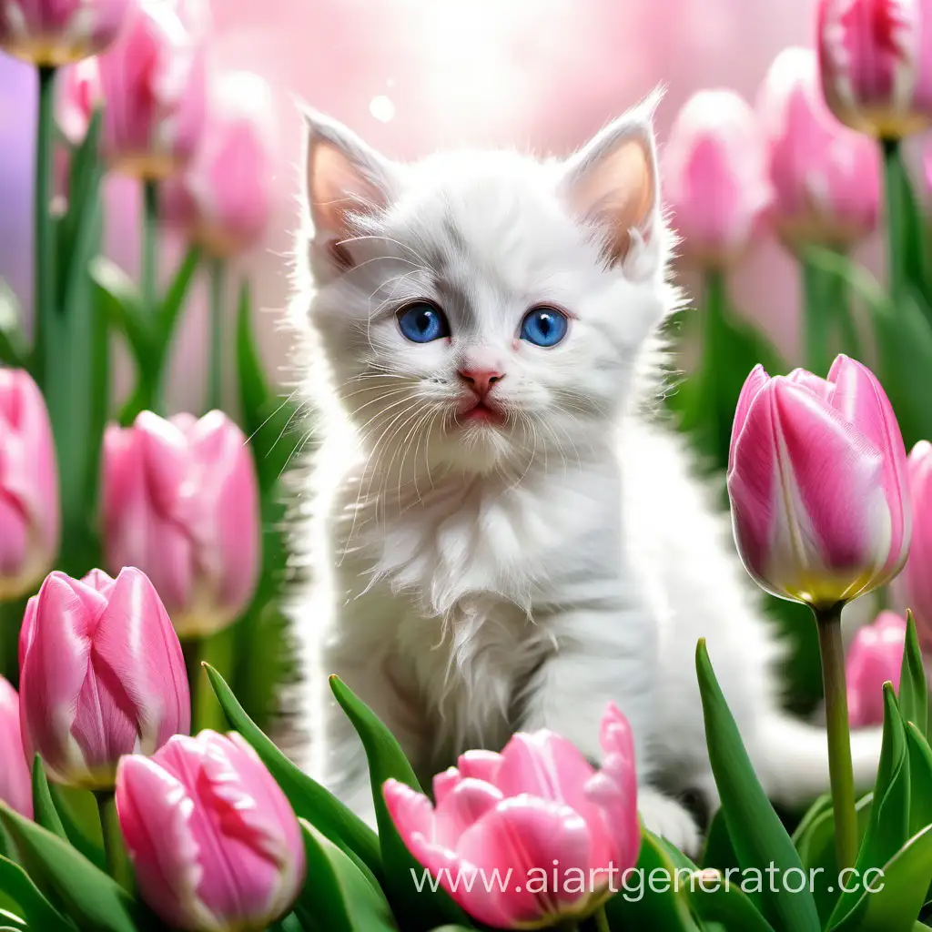 Котенок  белый, милый с розовыми тюльпанами на сказочной поляне