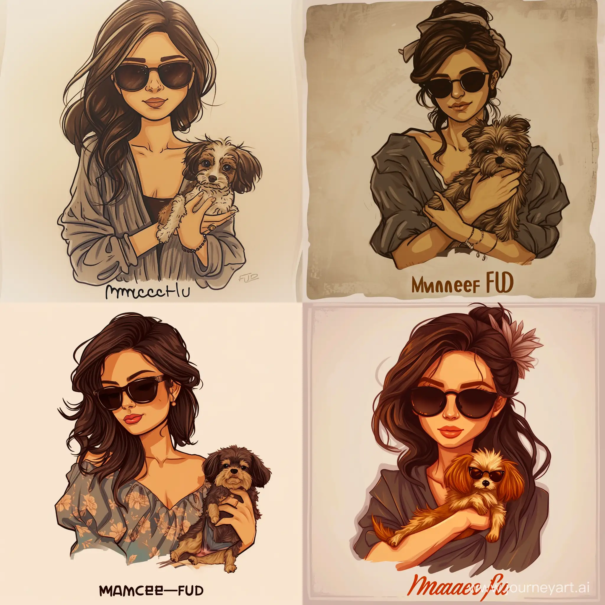 нарисуй девушку с темно коричневыми волосами, с солнечными очками и маленькой собачкой на руках, снизу надпись *MadameFUD*