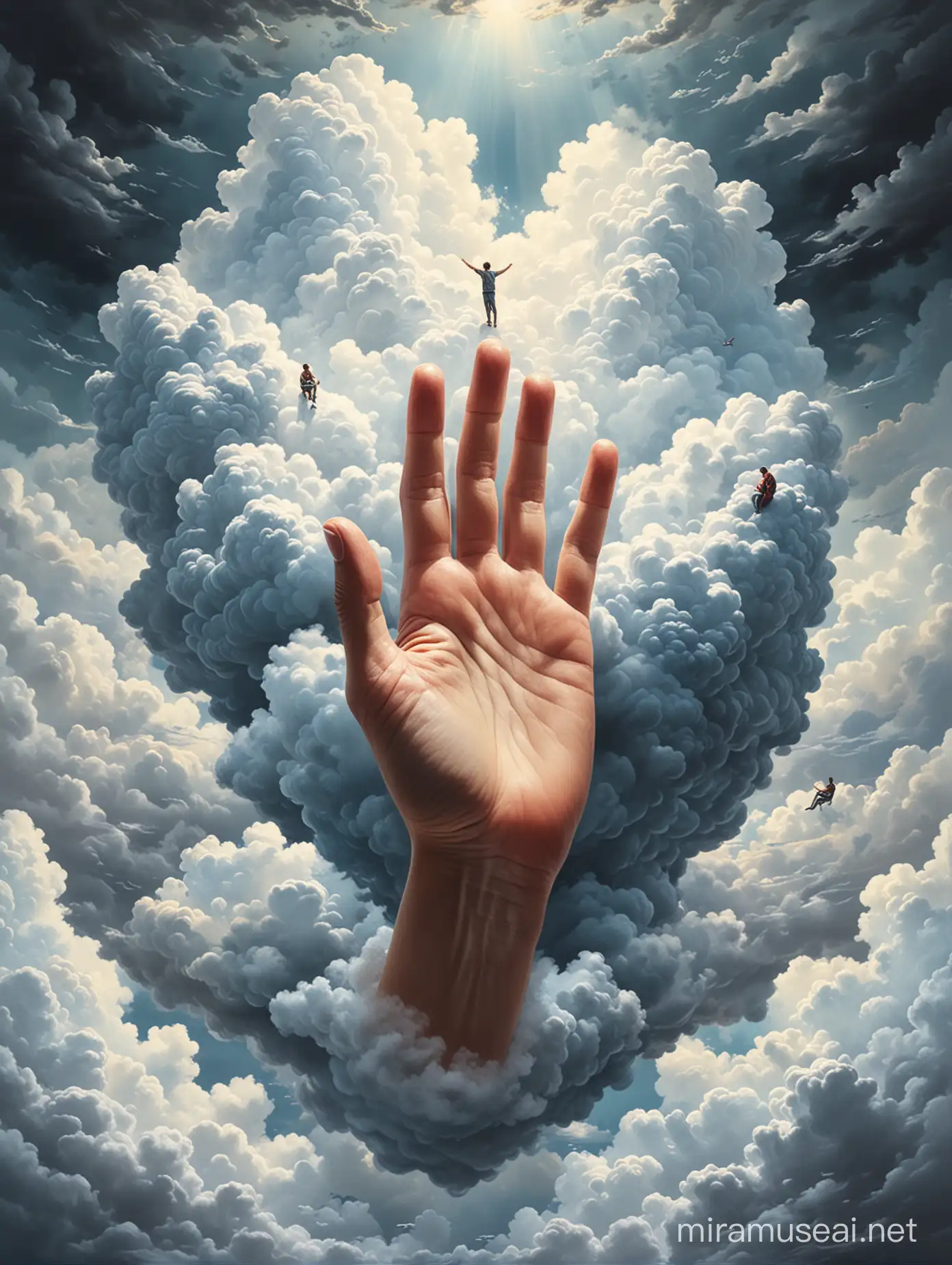 Surreal Scene of People Relaxing in a Giant Hand Amidst Clouds