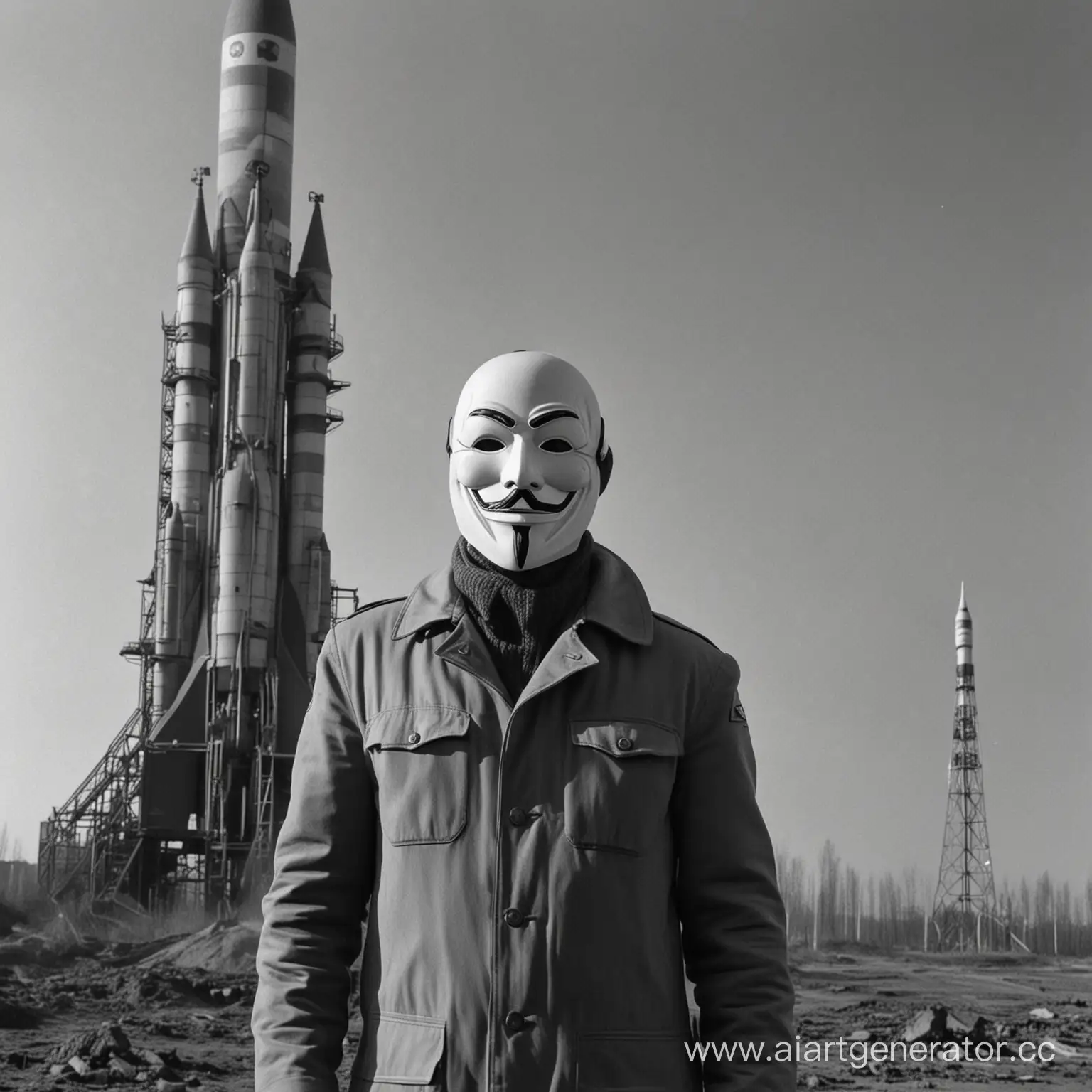 Мужчина в маске Анонимуса гордо стоит на фоне взлетающей ракеты СССР