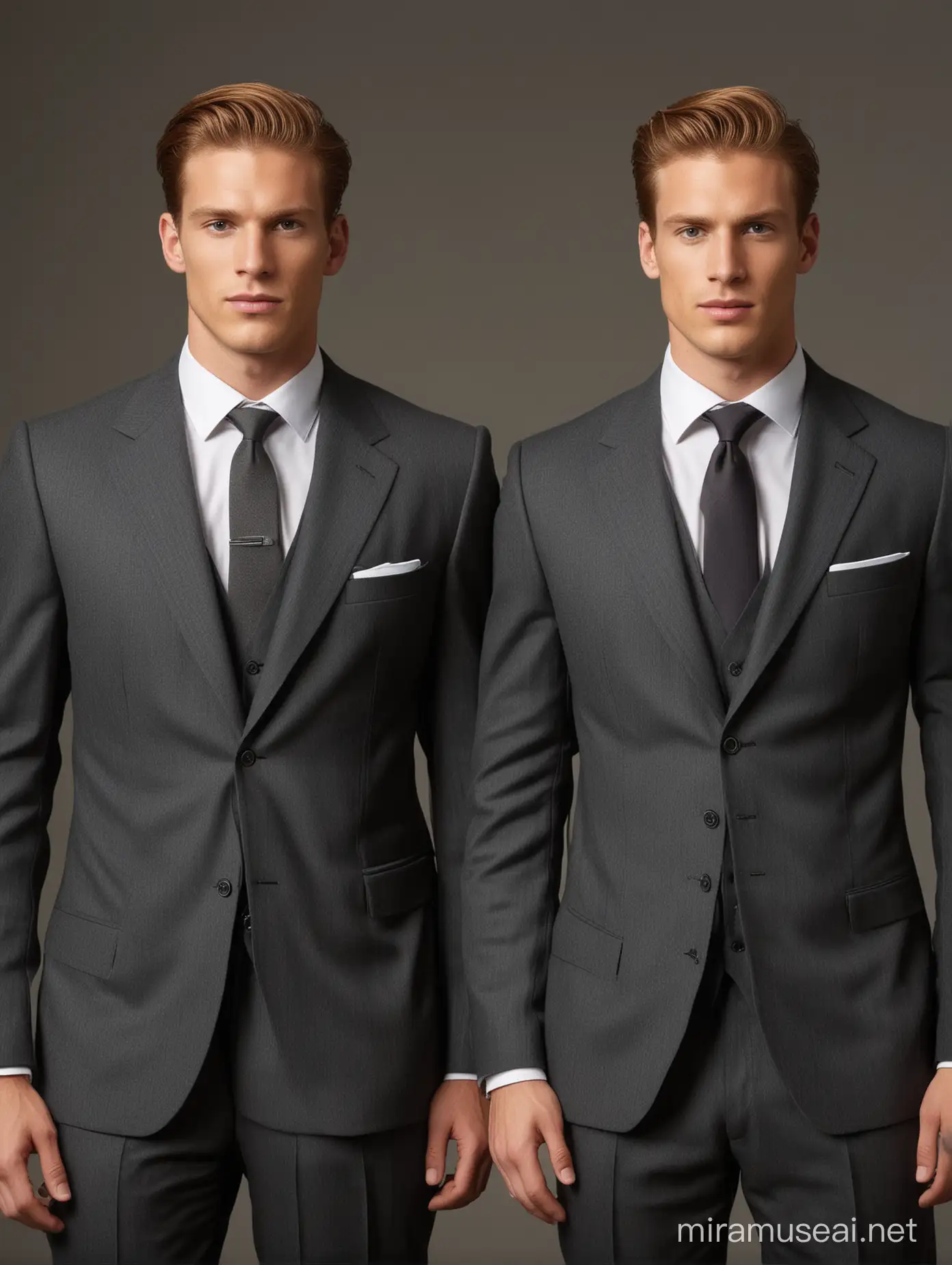 Twin Men in Charcoal Suits Elegant Doppelgngers with Light Chestnut Hair