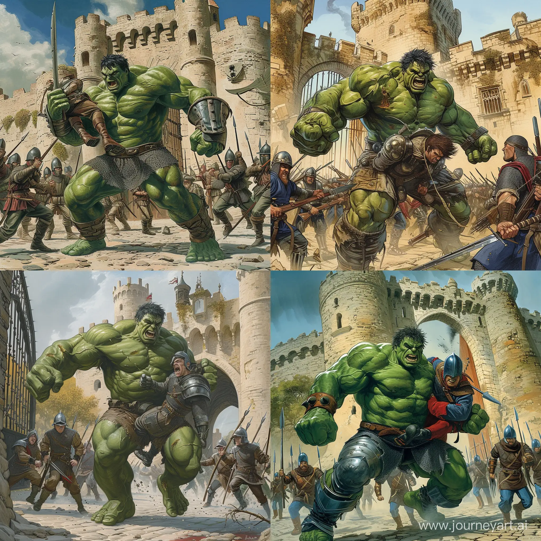 Hulk wearing medieval armor in front of a castle gate fighting a group of medieval soldiers, with Hulk carrying one of the soldiers