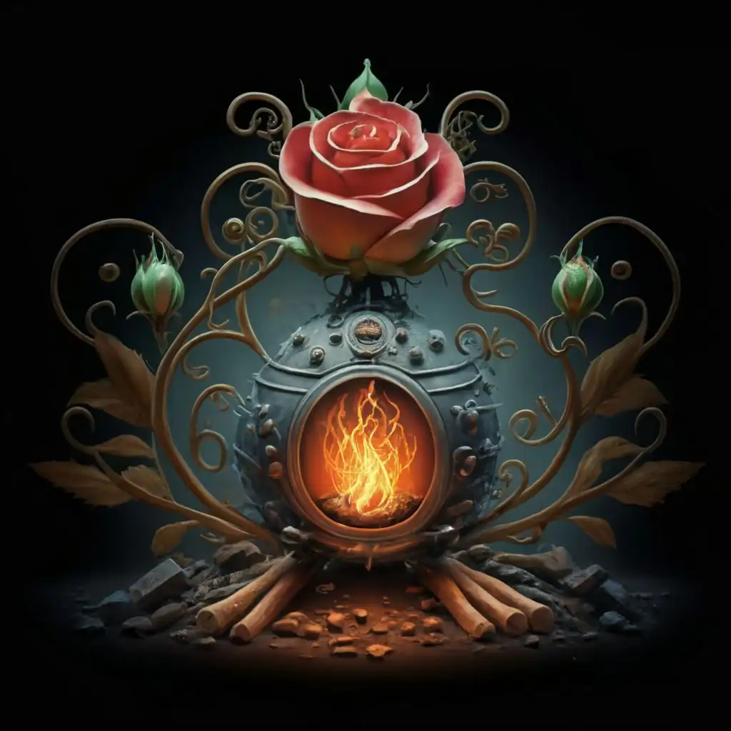 logo, The author's style "Paradoxical reality of the optimal minimum of boundless possibilities" in the field of luminescent design technology for the image "CRIMEAN ROSE in the form of a fairy-tale boiler on chicken legs, a pile of coal, firewood, image without text, background white color", with the text """"
___
"""", typography