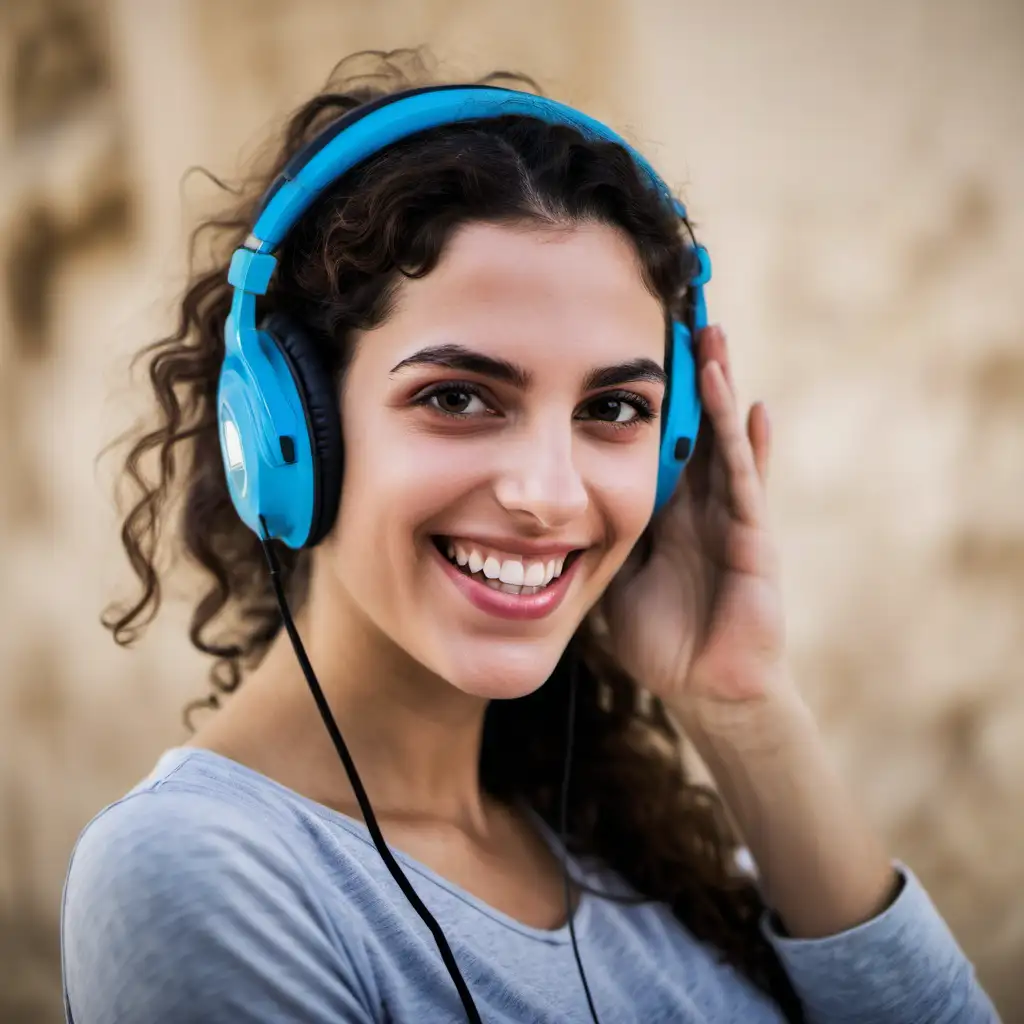 Israeli beautiful woman smiling at the camera with headphones on her ears

