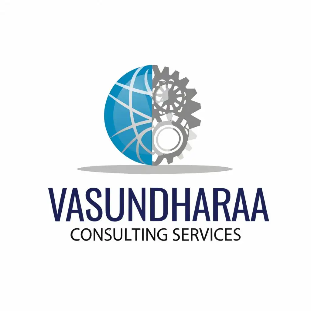 a logo design,with the text "Vasundhara Consulting Services", main symbol: The sphere left side is encircled by half gear, similar to english letter 'C'. Inside this there will be Solid Blue half sphere & rest Half is Printed Circuit board in the shape of a Tree. ,Moderate,be used in Technology industry,clear background