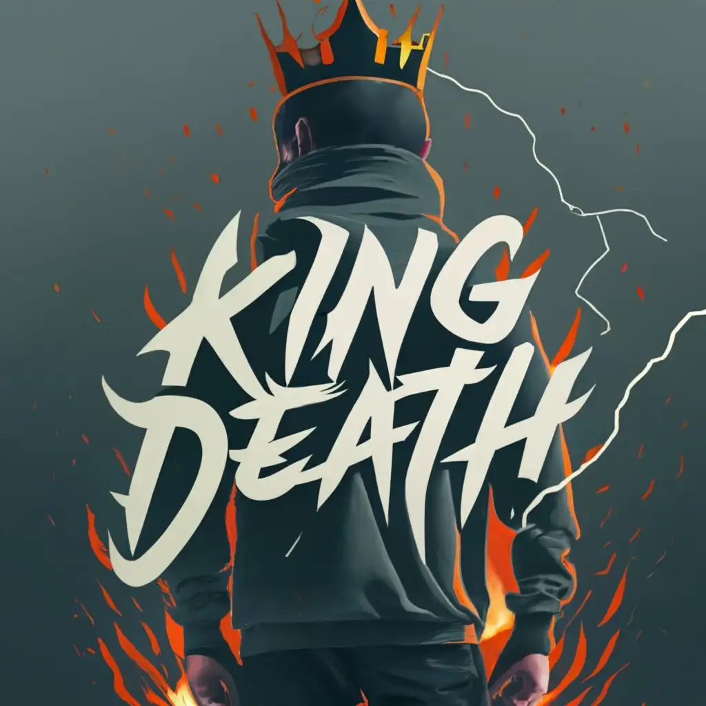 logo, boy wearing a black mask with a crown and a black hoodie with black ripped jeans with fire and lightning around him, with the text "King Death", typography, be used in Internet industry