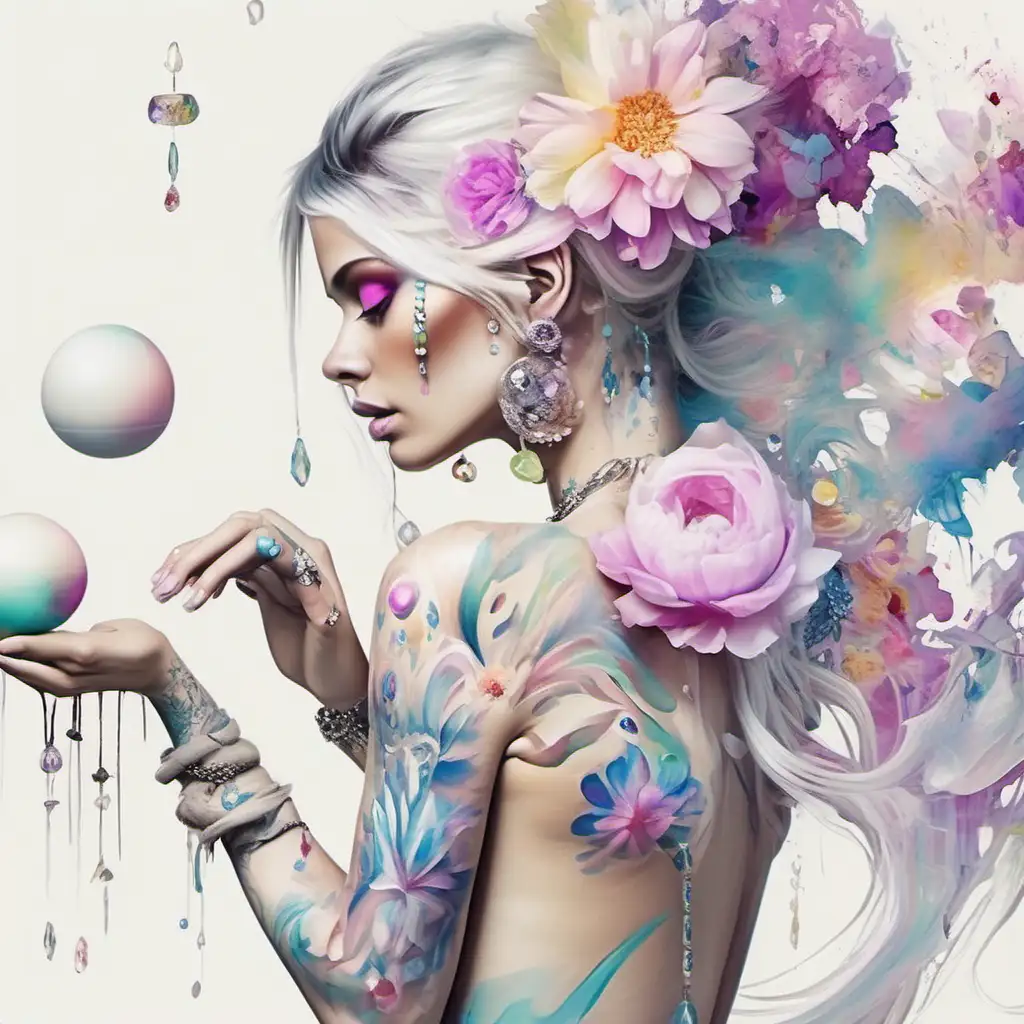 Exotic White Model Painting with Floral Hair and Crystal Balls