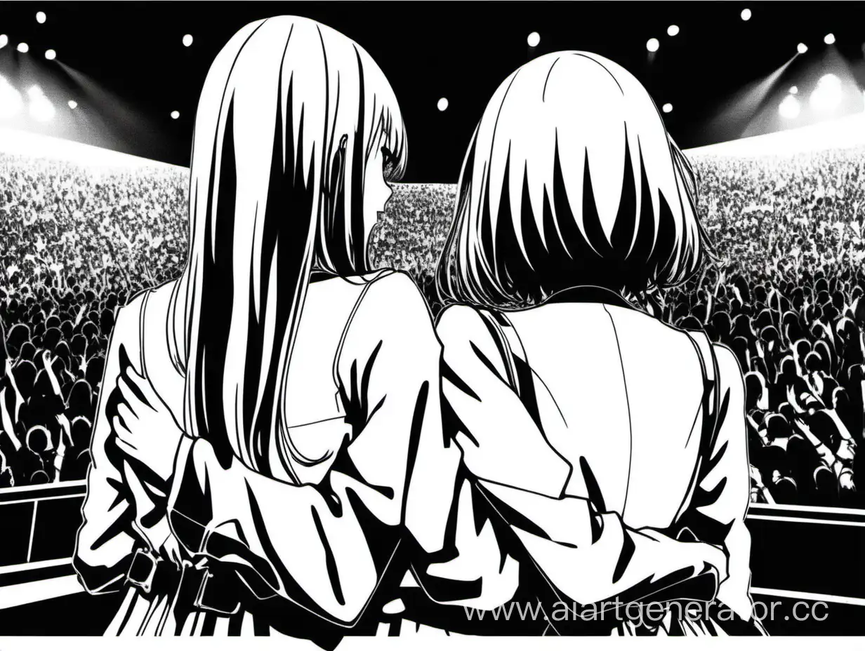 вдалеке две девушки с каре и длинными волосами стоят спиной и обнимаются на концерте ии смотрят на сцену в стиле черно-белой манги