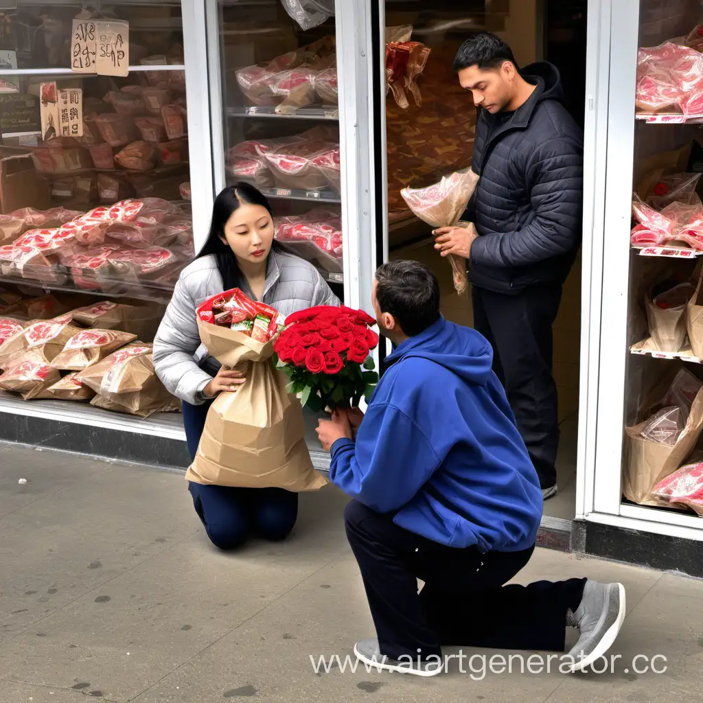 женщина стоит возле магазина, держит в руках пакеты с едой, перед женщиной на одном колене стоит мужчина и протягивает женщине розу.