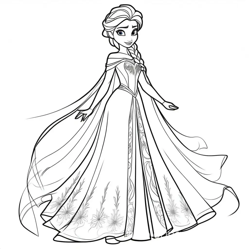 Beautiful Elsa with dress
, Coloring Page, black and white, line art, white background, Simplicity, Ample White Space. The background of the coloring page is plain white to make it easy for young children to color within the lines. The outlines of all the subjects are easy to distinguish, making it simple for kids to color without too much difficulty