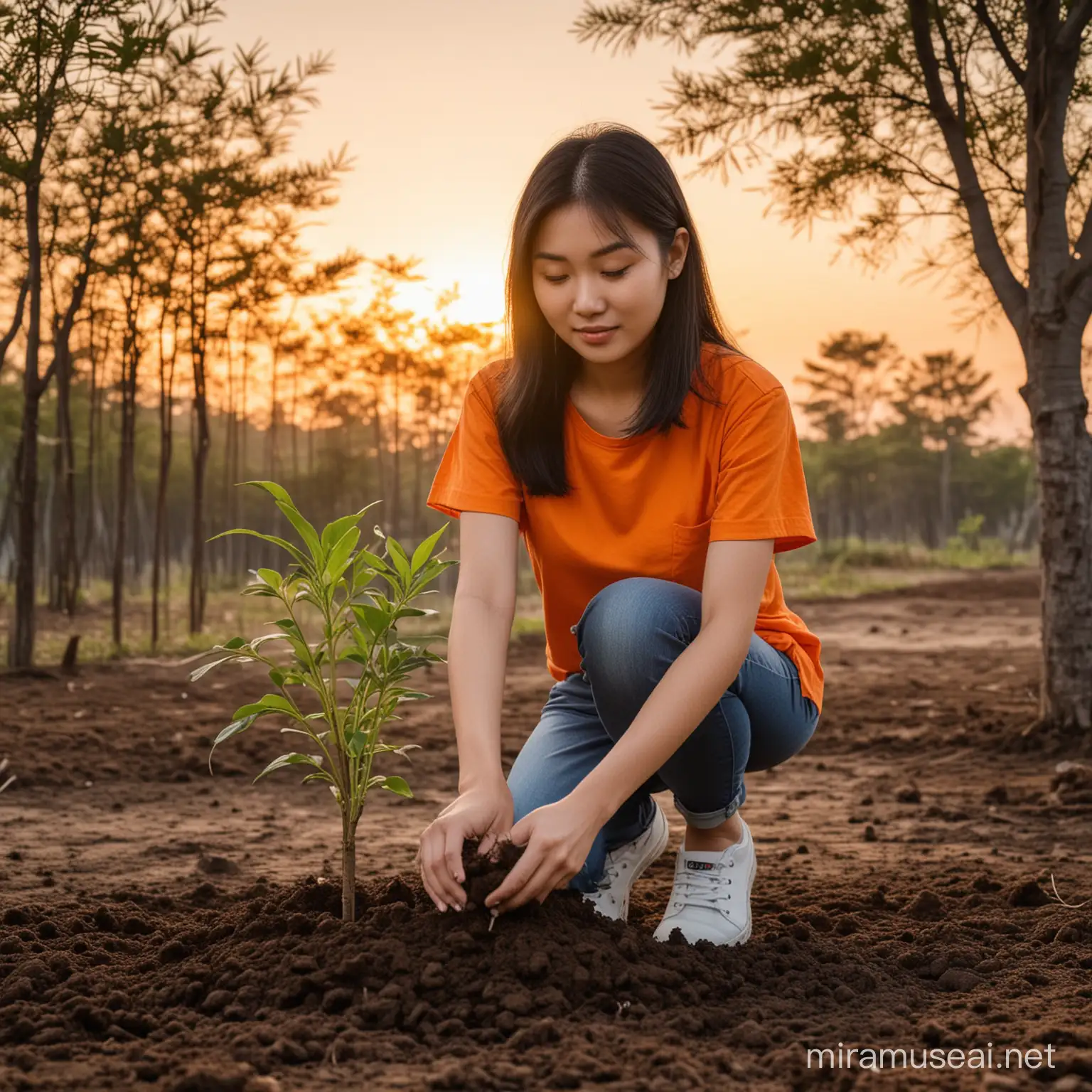 Asian Girl Planting Trees in an Orange Shirt During Sunset