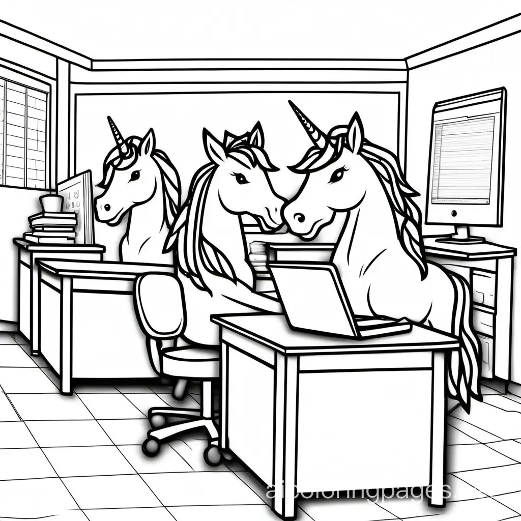 three unicorns behind desks in in school, Coloring Page, black and white, line art, white background, Simplicity, Ample White Space. The background of the coloring page is plain white to make it easy for young children to color within the lines. The outlines of all the subjects are easy to distinguish, making it simple for kids to color without too much difficulty