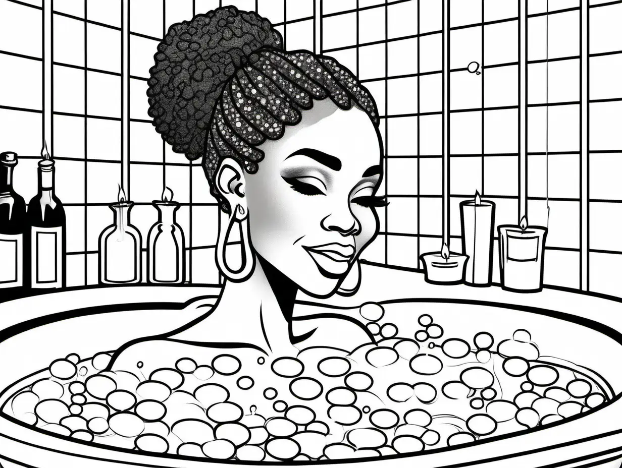 create a  simple black and white coloring book image of an African American woman her hair is pulled up into a neat bun she is relaxing in a bathtub with bubbles and a glass of wine there’s candles in a luxurious bathroom for coloring 
